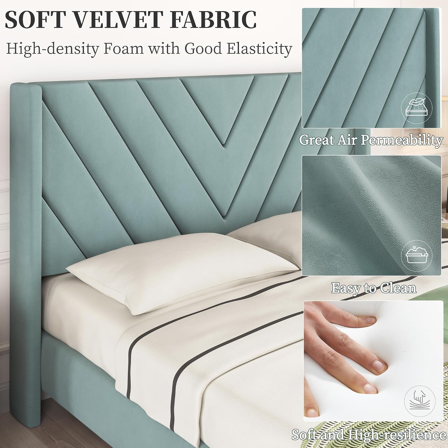 Detalle de Yaheetech YT-00143653 Queen Bed Frame, Blue Lake Velvet Chevron Headboard