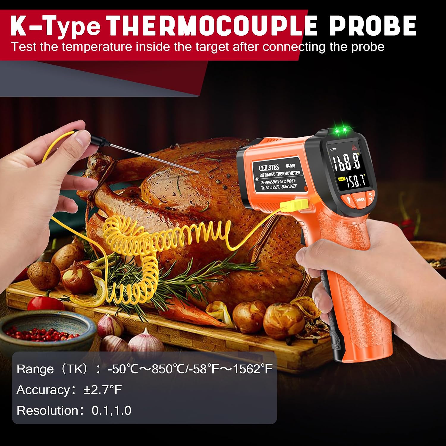 Detalle 1 de CEILSTES Infrared Thermometer Gun (Non-Contact Laser) — -58°F to 1076°F with Adjustable Emissivity