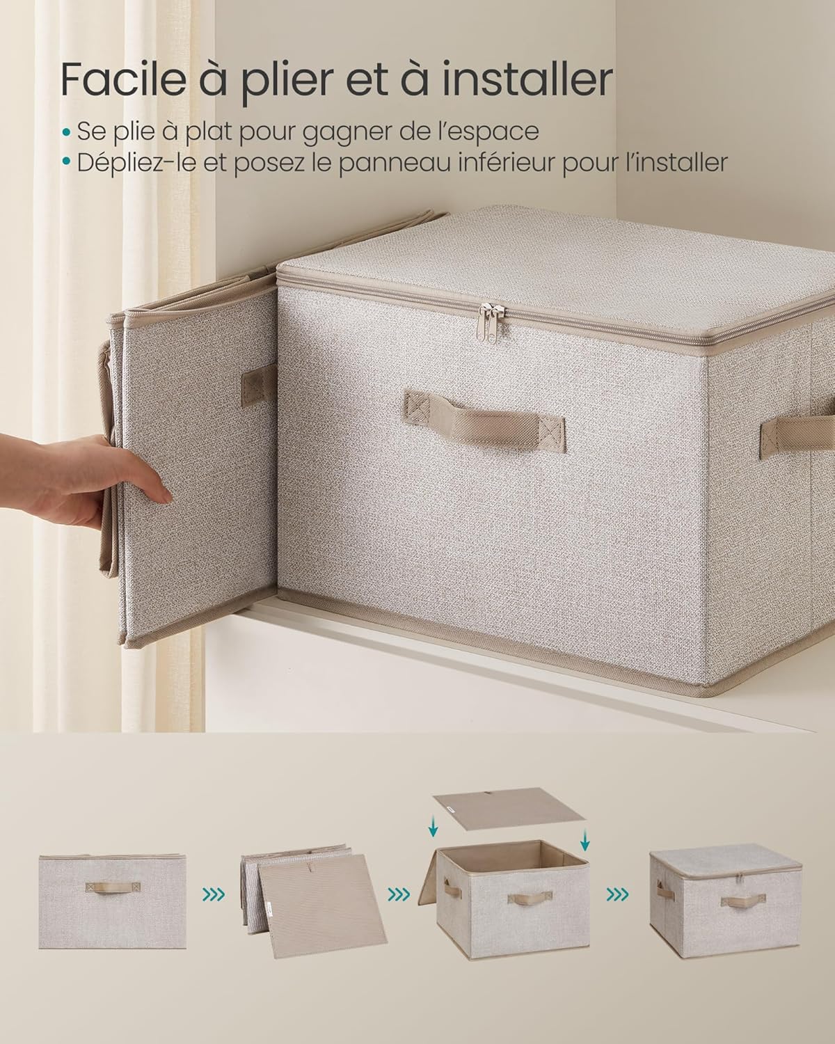 Thumbnail 3 de SONGMICS Boîte de Rangement pliable avec couvercle et poignées – Lot de 6 40 x 30 x 25 cm, Beige sable