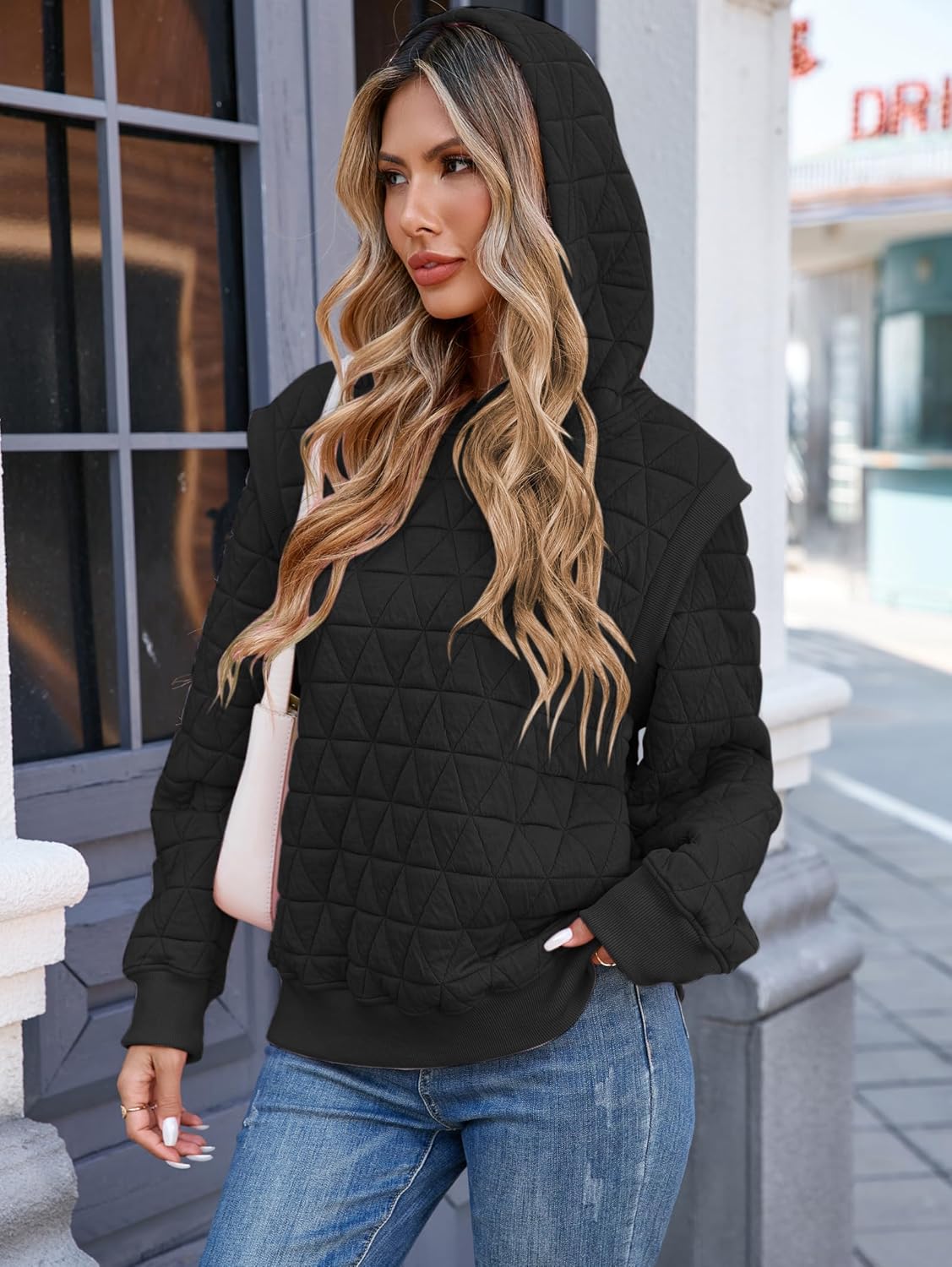 Detalle de Famulily women’s casual quilted long sleeve hoodie (S–XL) – thick pullover winter sweatshirt