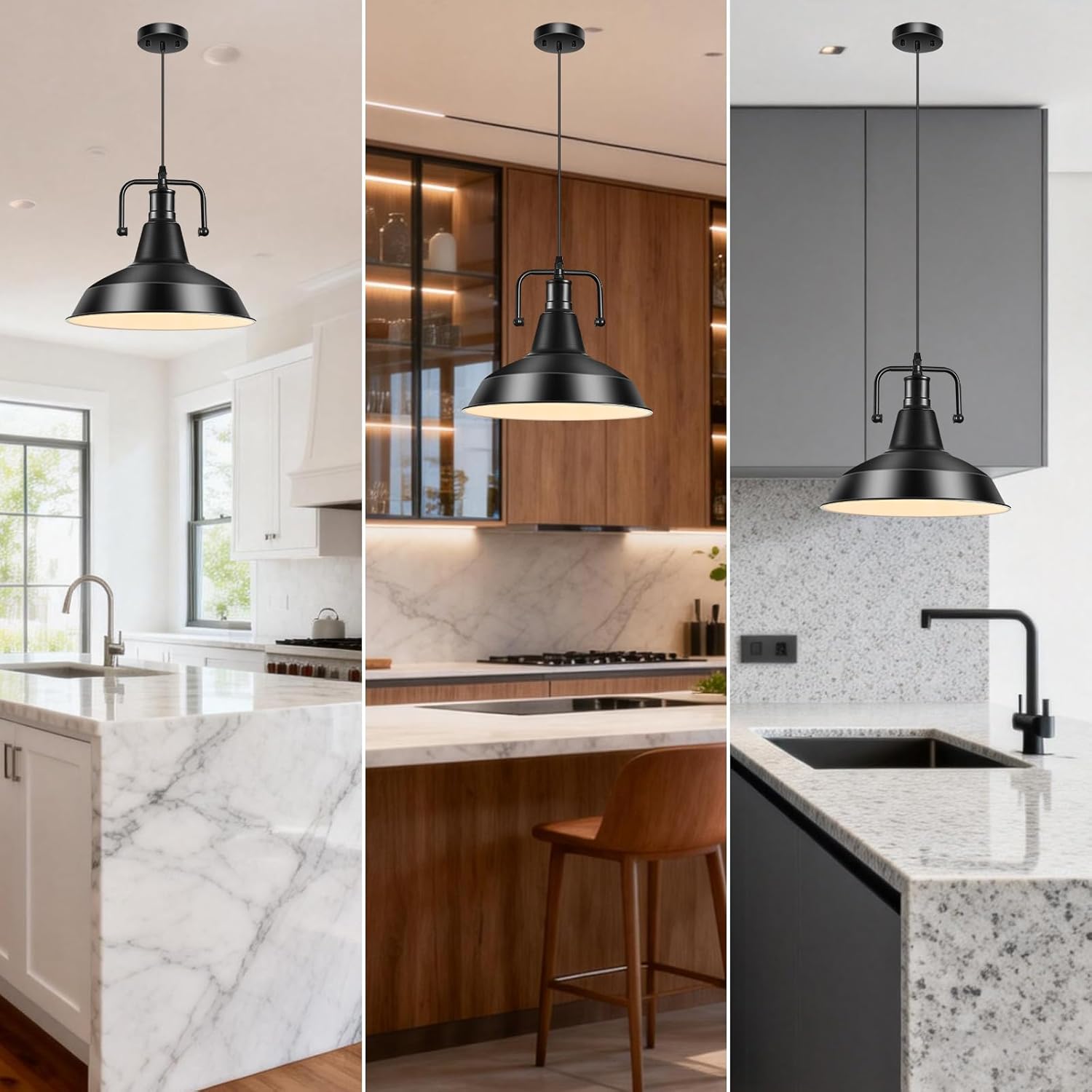 Thumbnail 3 de 3PCS Farmhouse Pendant Light for Kitchen Island – Black Industrial Pendant Fixtures with Metal Shade (Bulb Not Included)