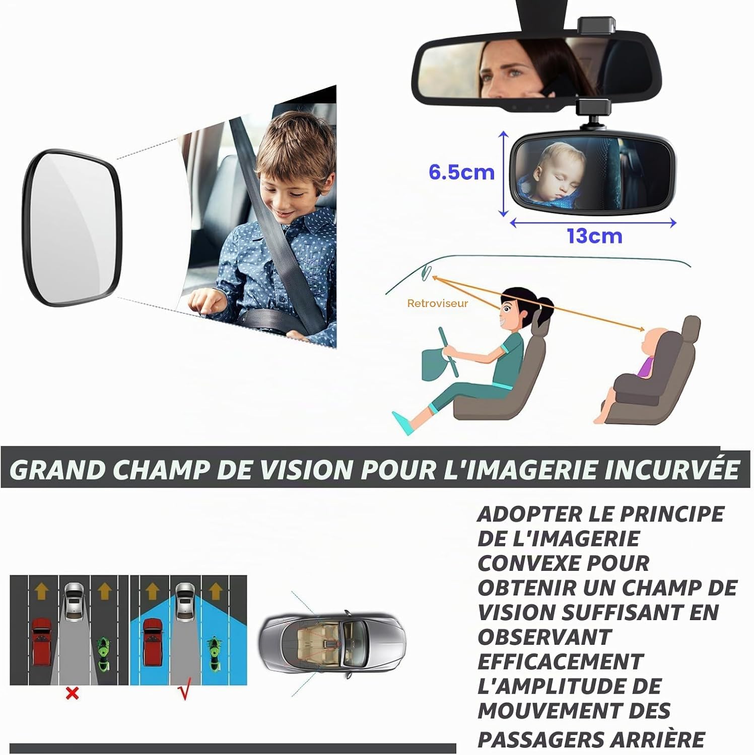 Detalle de ALLILUYAA babyautospiegel met 360° kogelgewricht, bol glas en clipbevestiging