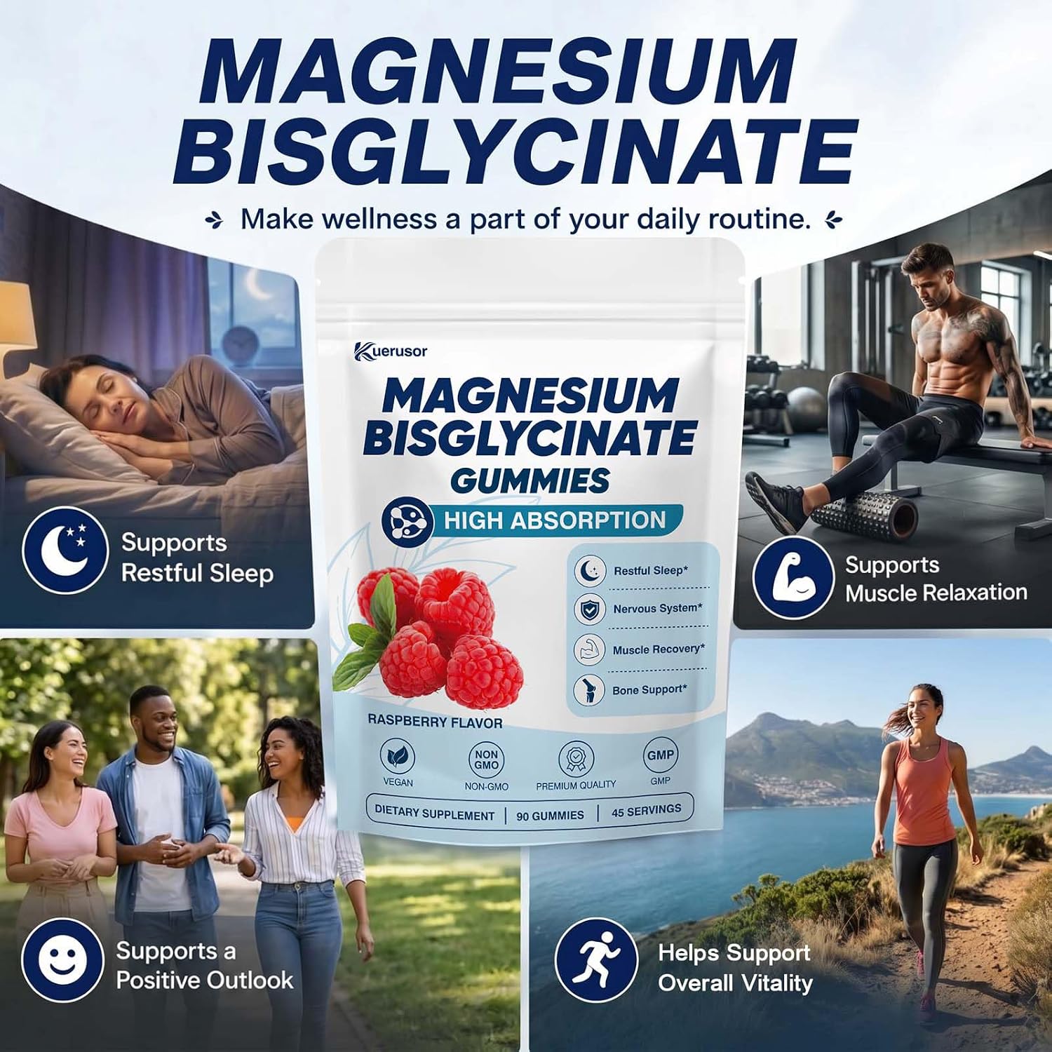 Detalle 2 de Kuerusor Magnesium Bisglycinate Gummies, 400mg, Vegan, Sugar-Free Raspberry