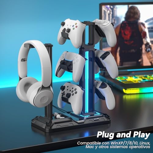 Detalle de KDD Soporte Auriculares Gaming con 9 Modos de Luz: 360° de giro y gancho desmontable para escritorio