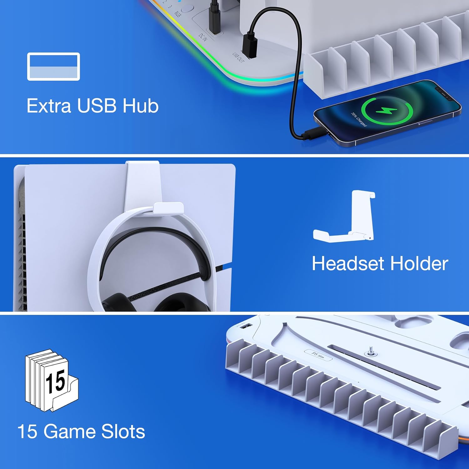 Detalle de PS5 Cooling Station with Dual Controller Charger and RGB — a practical all-in-one accessory