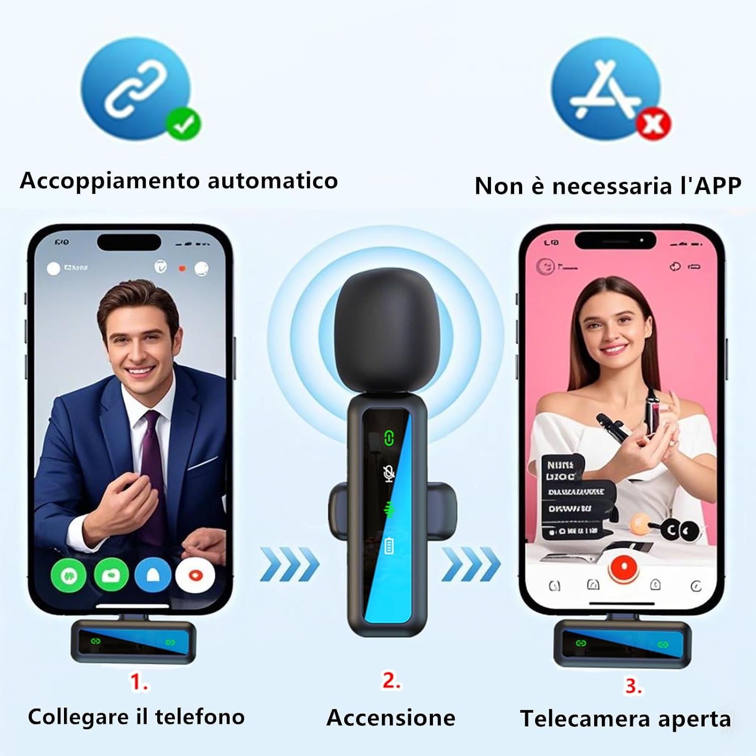 Thumbnail 1 de Microfono Lavalier Wireless ordele per iPhone/Android: kit completo per video, podcast e streaming