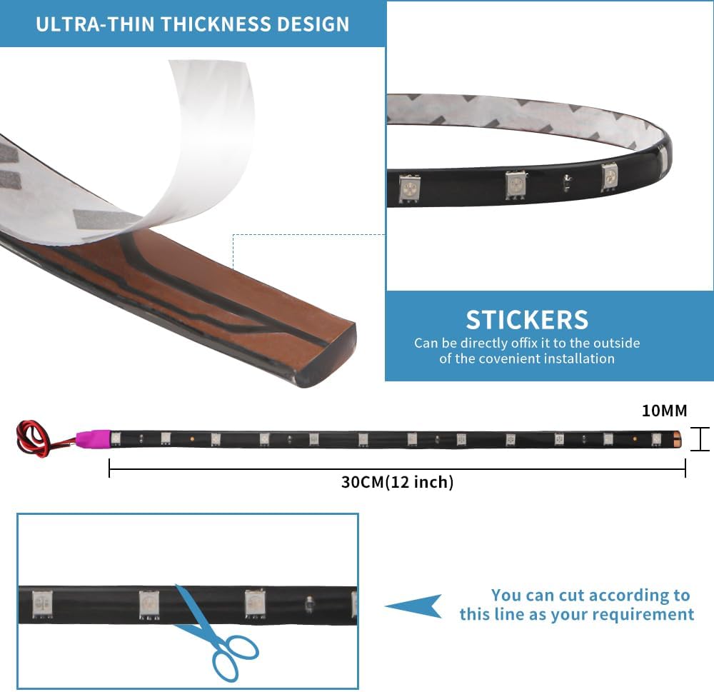 Thumbnail 2 de Keiurot 6 x 12V LED Strip Lights (Pink) for Car/Motorcycle Interior, 30cm Waterproof IP67, 5050 12SMD