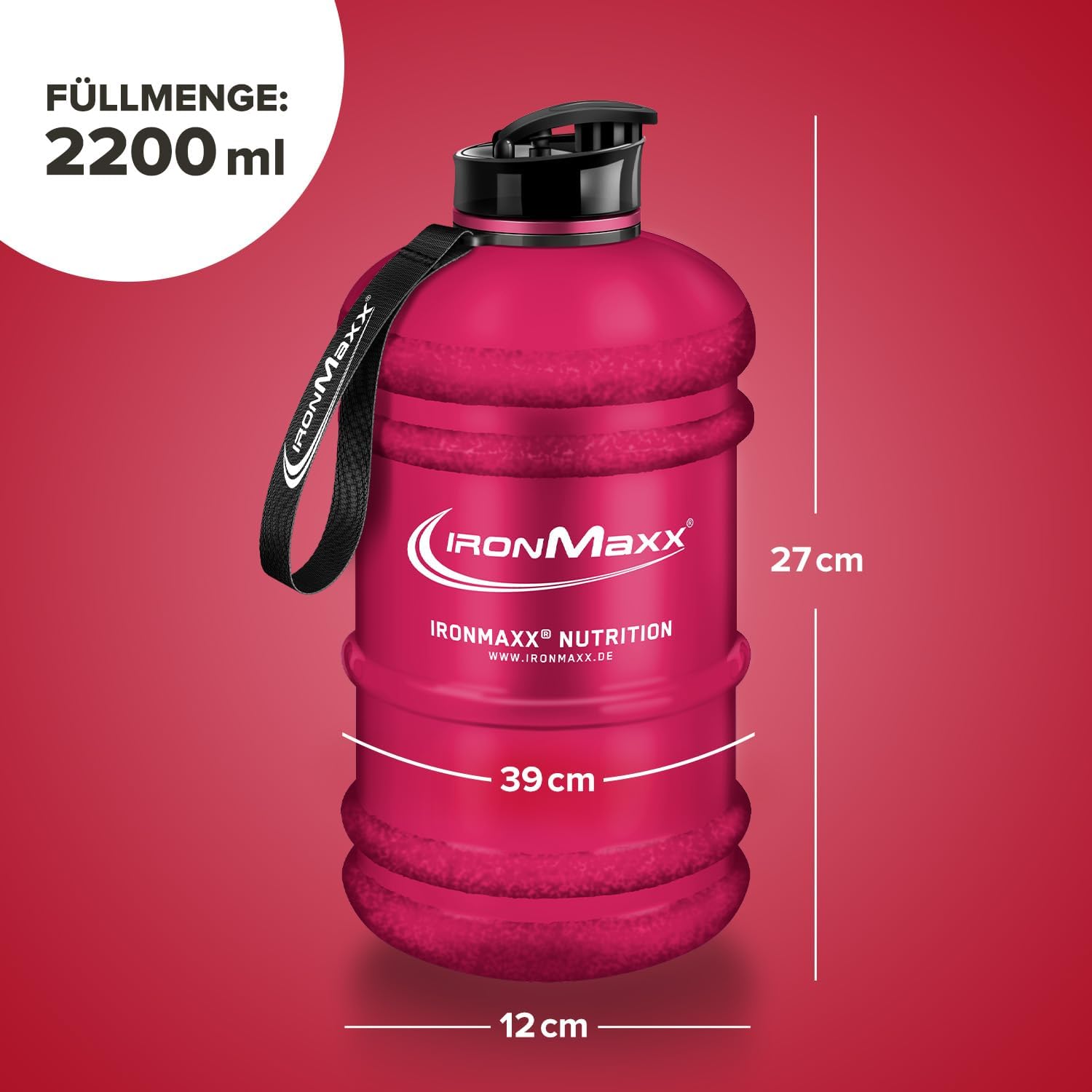 Detalle 2 de IronMaxx Water Gallon Frosted Red 2200ml – BPA & DEHP frei, auslaufsicher, mit Messskala