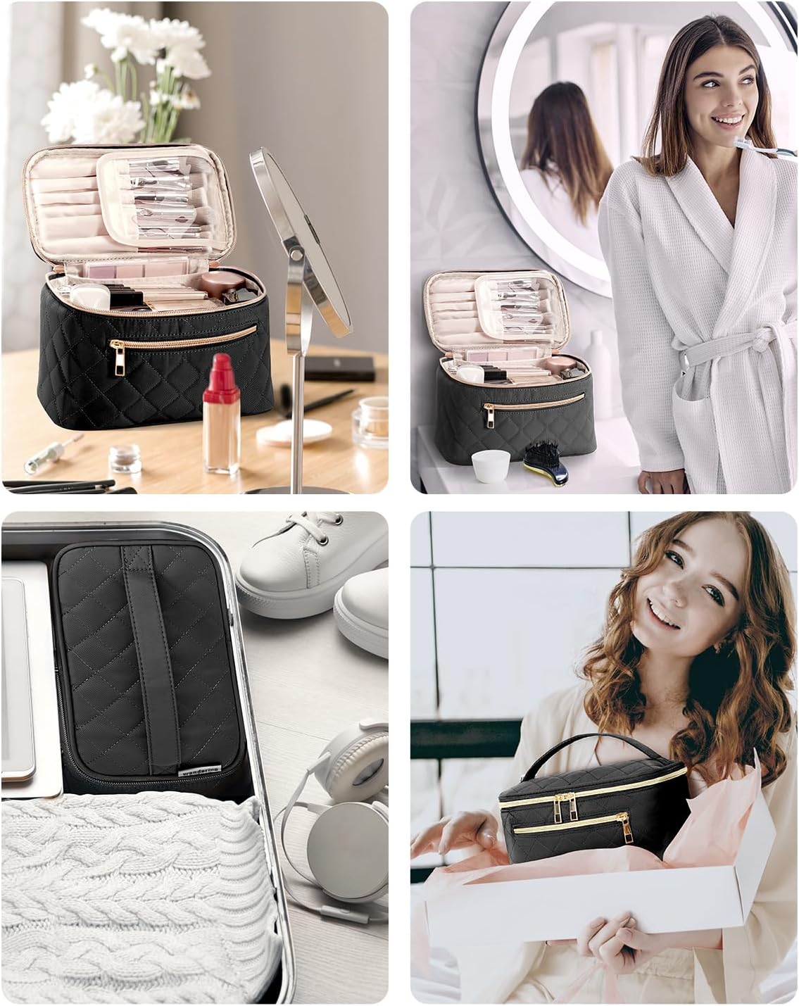 Thumbnail 6 de Travel Quilted Makeup Bag with Brush Compartment (Patent Pending) – Large Black Cosmetic Case