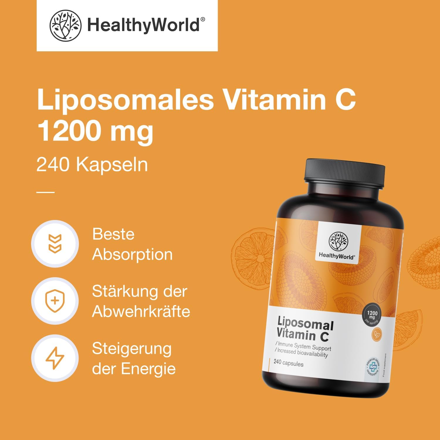Thumbnail 1 de HealthyWorld Liposomales Vitamin C – 240 Pflanzenkapseln (1200 mg/Tag) mit Hagebutte & Sonnenblumen-Phospholipiden