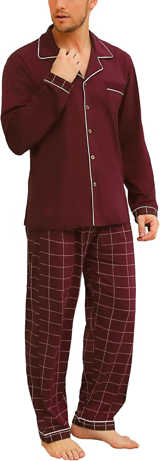 Detalle de Bresdk Pyjama Homme en Coton – Ensemble 2 pièces, hiver, carreaux/uni, manches longues