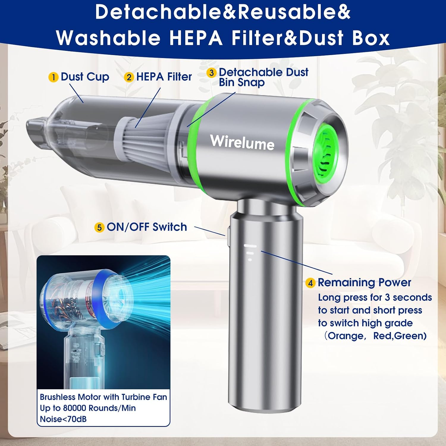 Detalle 2 de Wirelume Green Sliver cordless handheld car vacuum, 22,000 Pa suction
