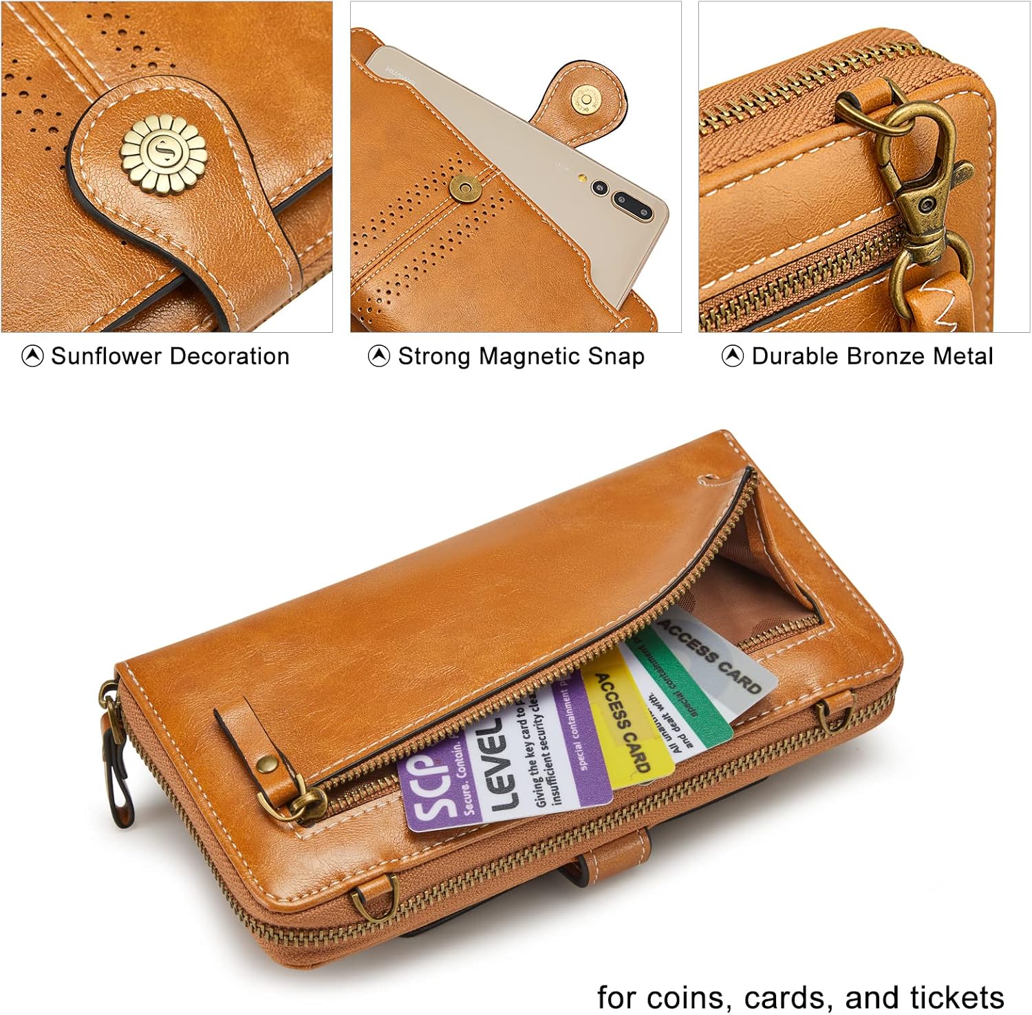 Detalle de S-ZONE Pn21b017 Porte-monnaie pour téléphone Femme – portefeuille bandoulière RFID
