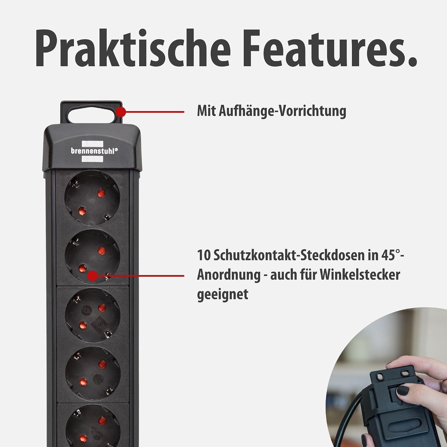 Detalle de Brennenstuhl Premium-Line 10-Fach Steckdosenleiste, 3 m – robust, fahrbar und sicher