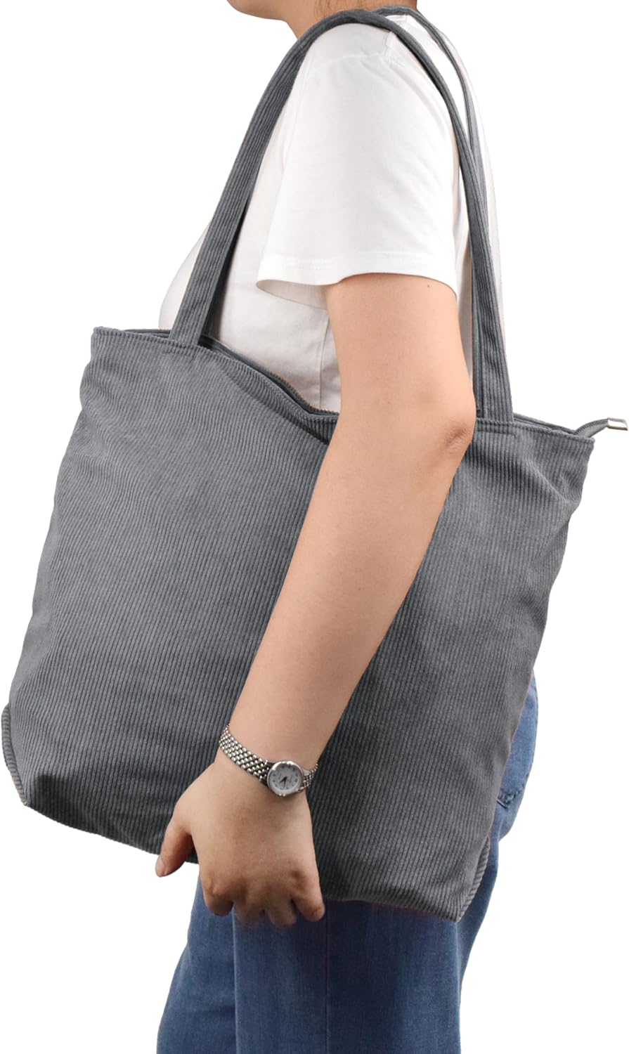 Detalle 2 de Cord Tasche Damen Umhängetasche Tote Bag – Große Kapazität, Reißverschluss, Kord