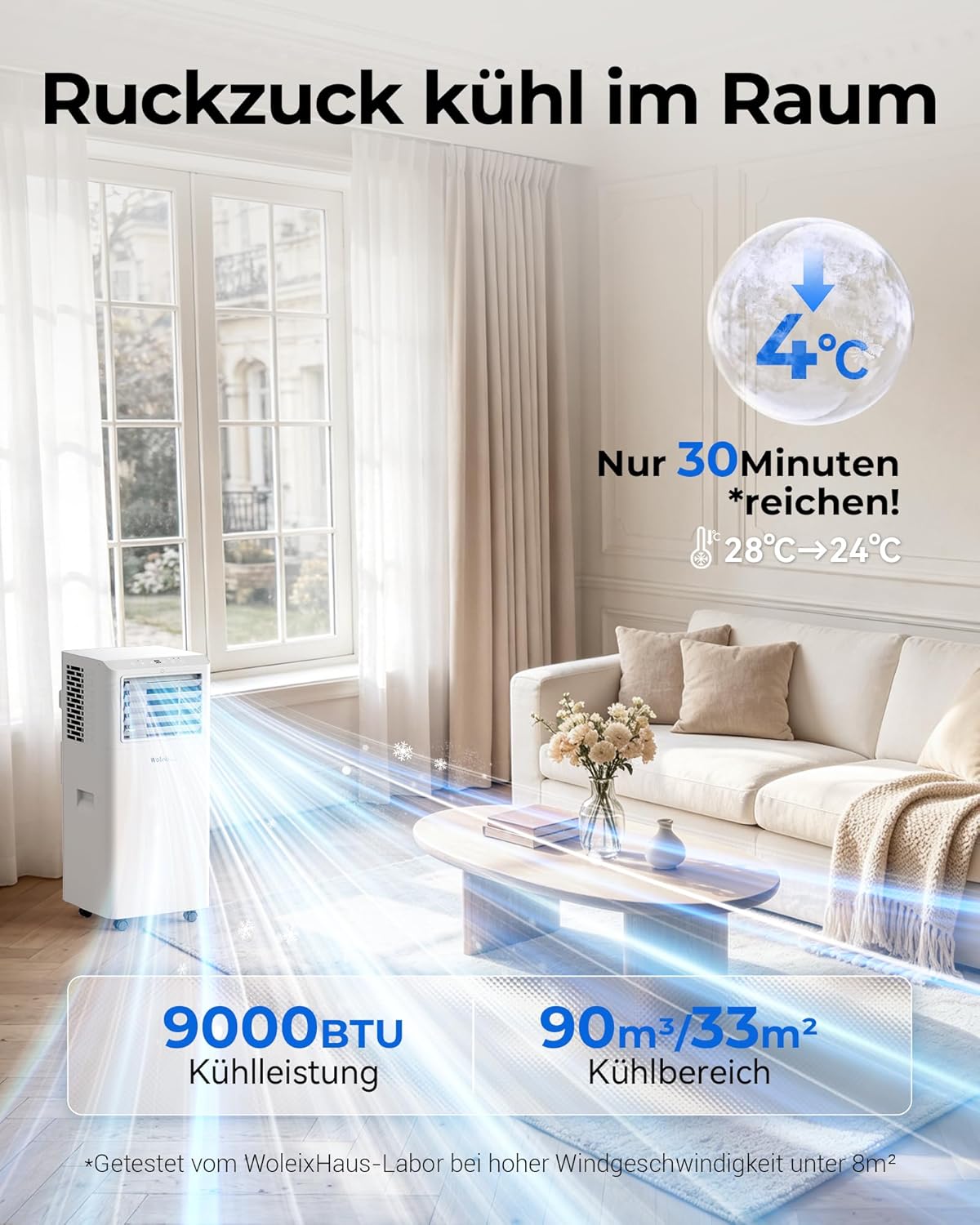 Thumbnail 2 de Mobile Klimaanlage 9000 BTU – Leises, 5-in-1 Gerät mit Abluftschlauch und Timer