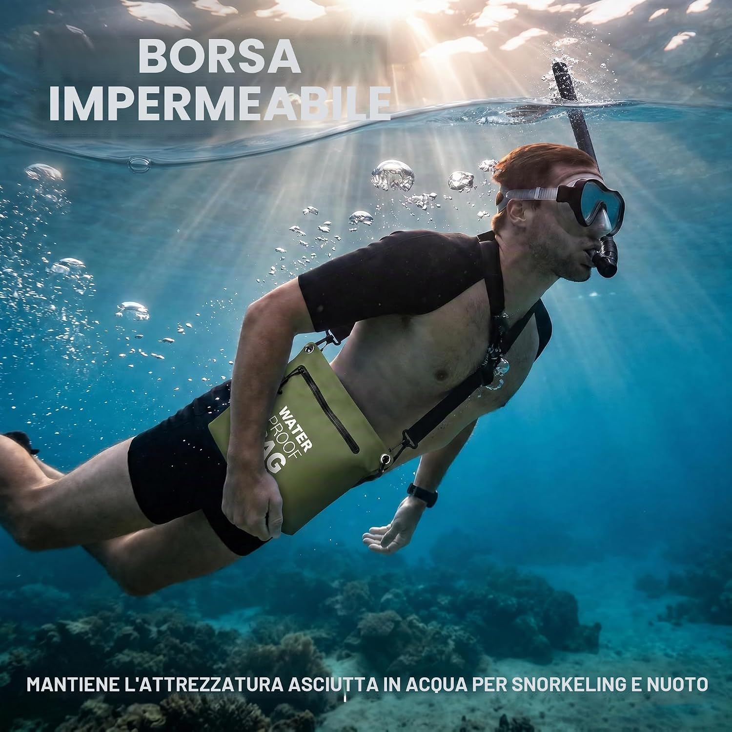 Detalle de BLUEVER Borsa Impermeabile a Tracolla con Cerniera Ermética da 4L – Verde militare