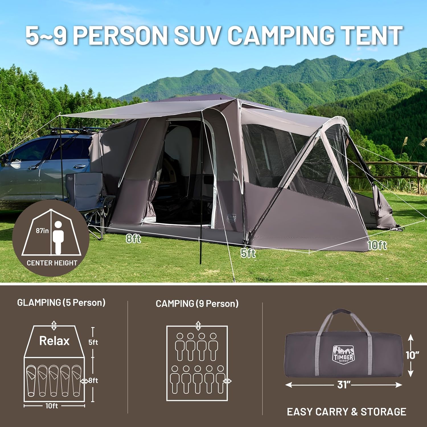 Thumbnail 5 de Timber Ridge 5-9 Person SUV Tent with Screen Porch and Awning (13' x 10' x 7.1' H)