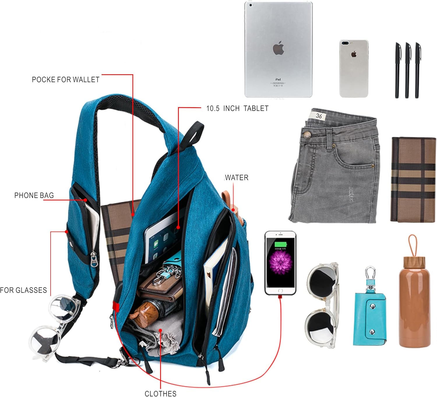 Thumbnail 3 de TurnWay Sling Bag: Waterproof Crossbody with USB Charge Port for Travel and Everyday Use