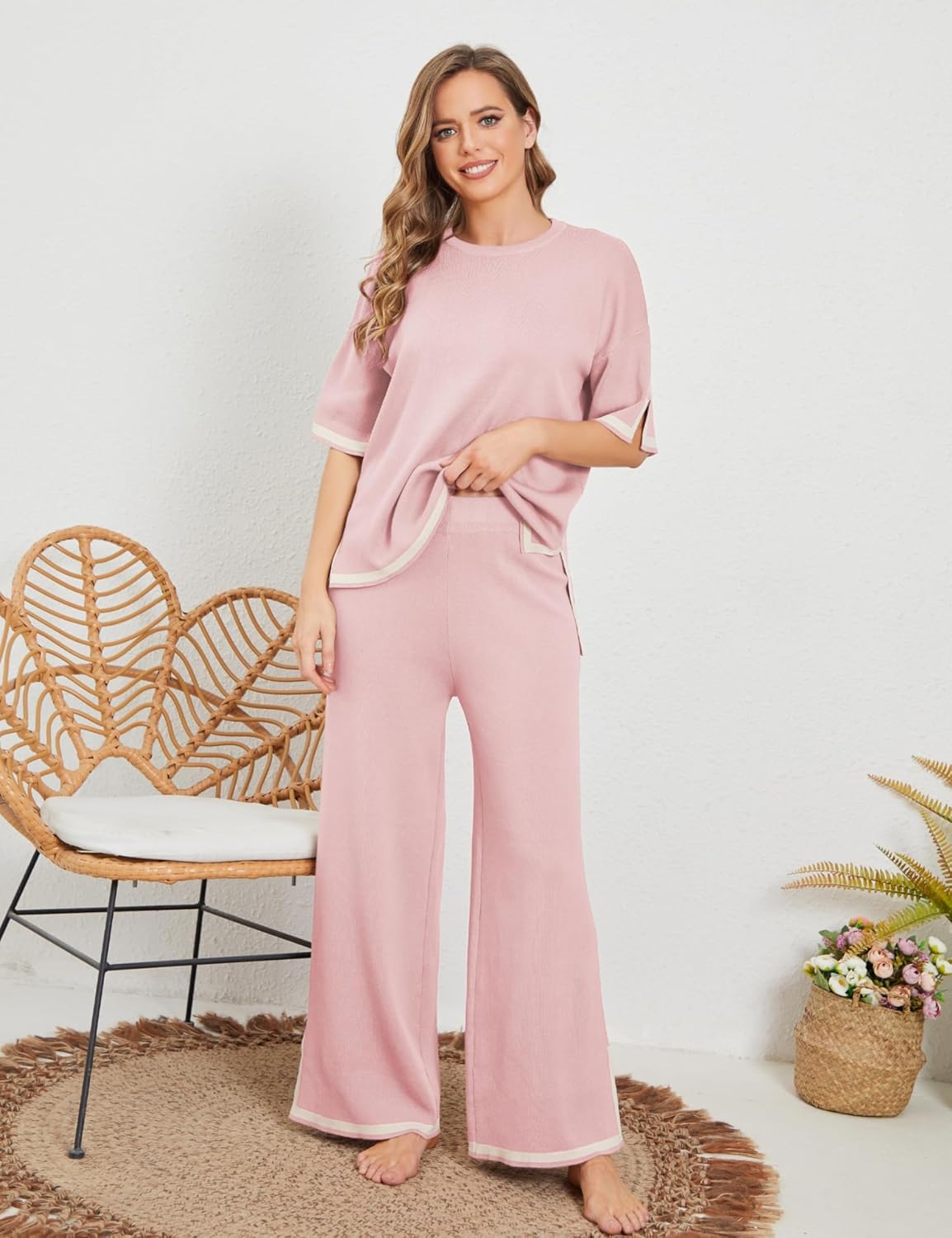Detalle de Tanming Women’s 2-Piece Sweater Lounge Set (Short Sleeve Knit Pullover + Wide-Leg Pants)
