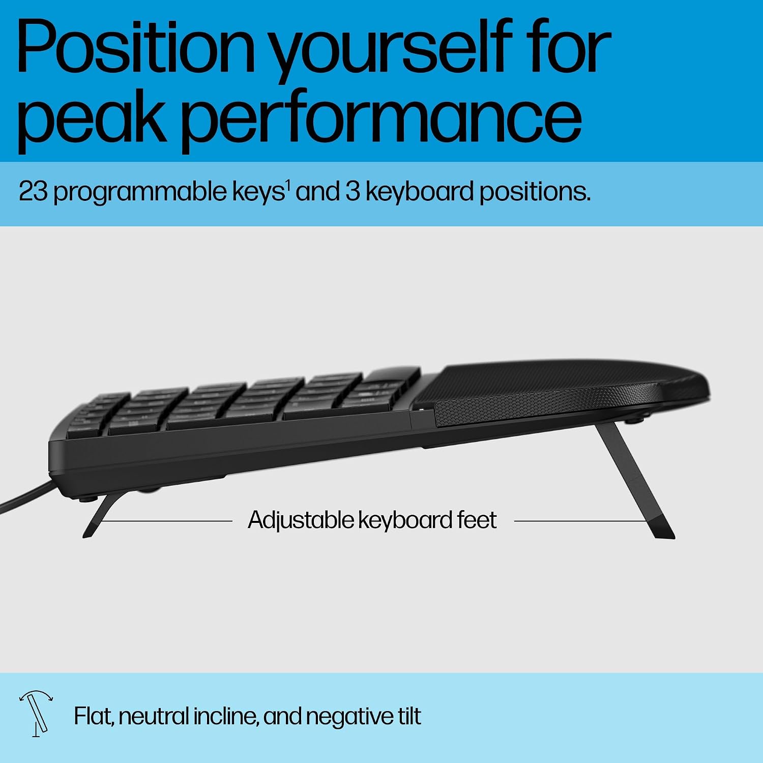 Detalle de HP 480 Comfort Wired Keyboard with Adjustable Typing Angles and 23 Programmable Keys