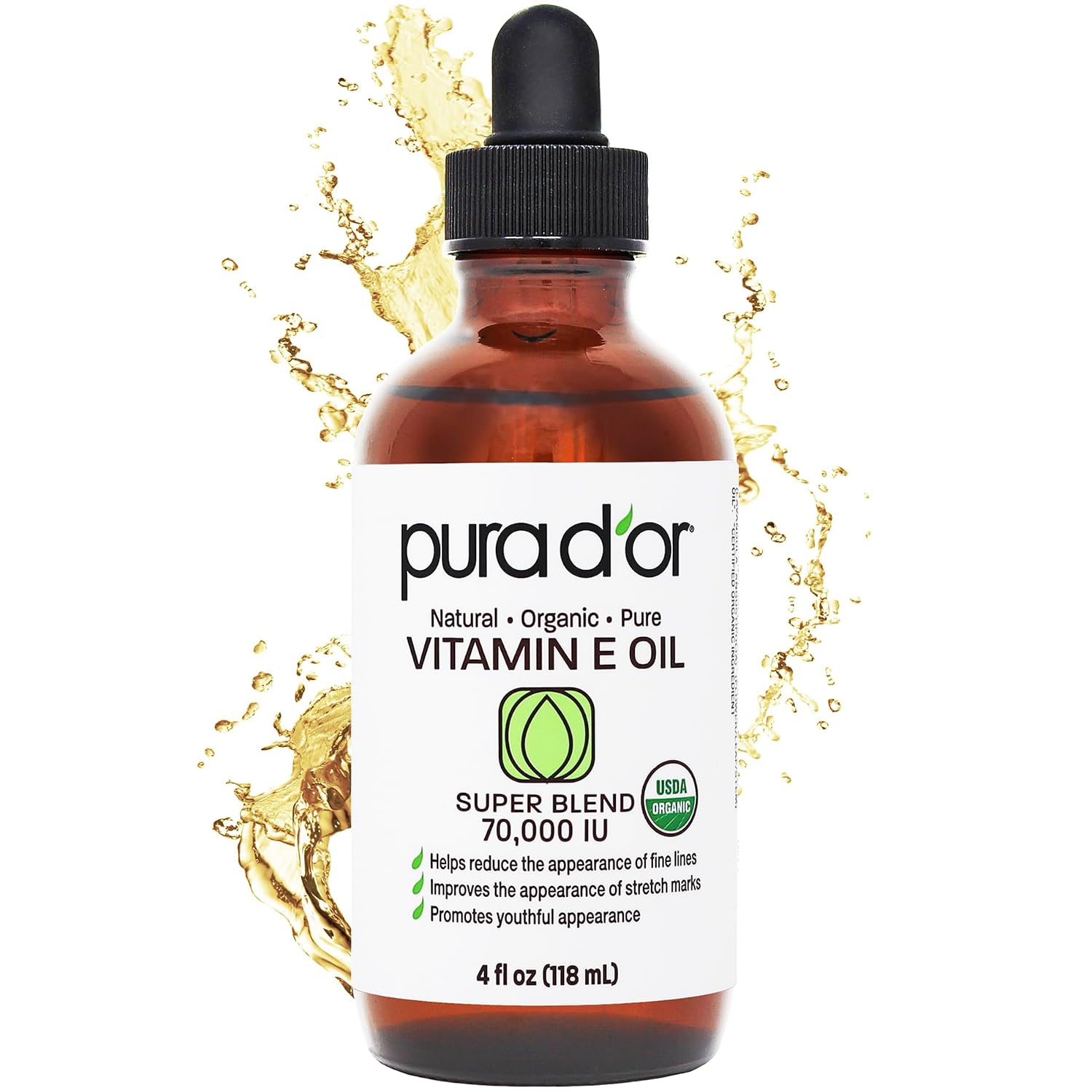 PURA D'OR 4 Oz Organic Vitamin E Oil for Skin & Hair