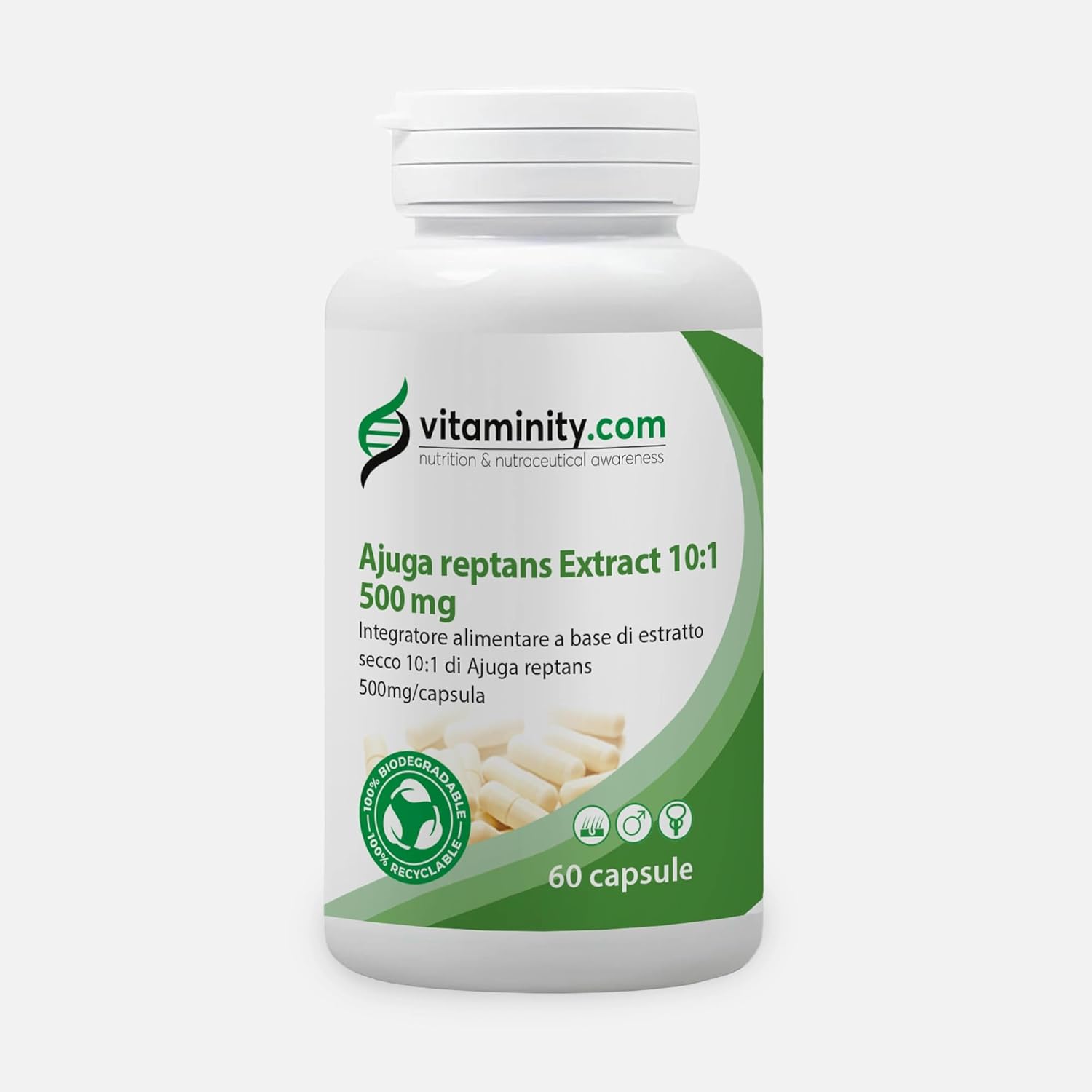 Detalle de Vitaminity Ajuga Reptans Extract — Integratore monocomponente per capelli e prostata, 60 capsule