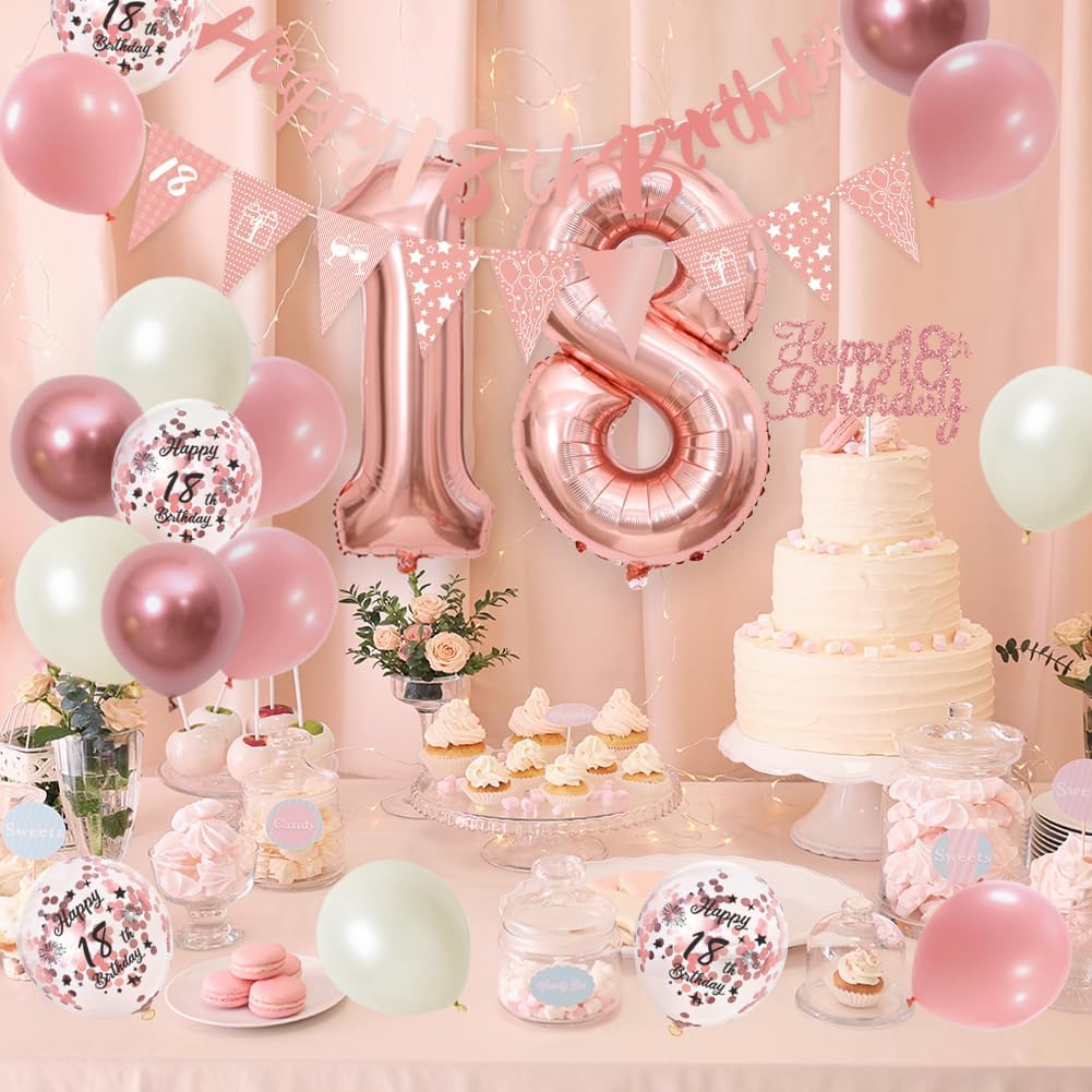 Thumbnail 5 de 18th Birthday Decorations Retro Pink Rose Gold Set – Blush Pink banner, pennant flags, cake topper, foil number balloon & balloons