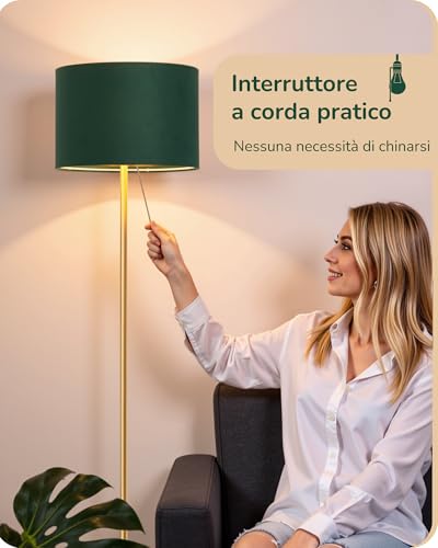 Detalle de EDISHINE Lampada da Terra Soggiorno: Paralume in velluto verde & oro, stile moderno e praticità