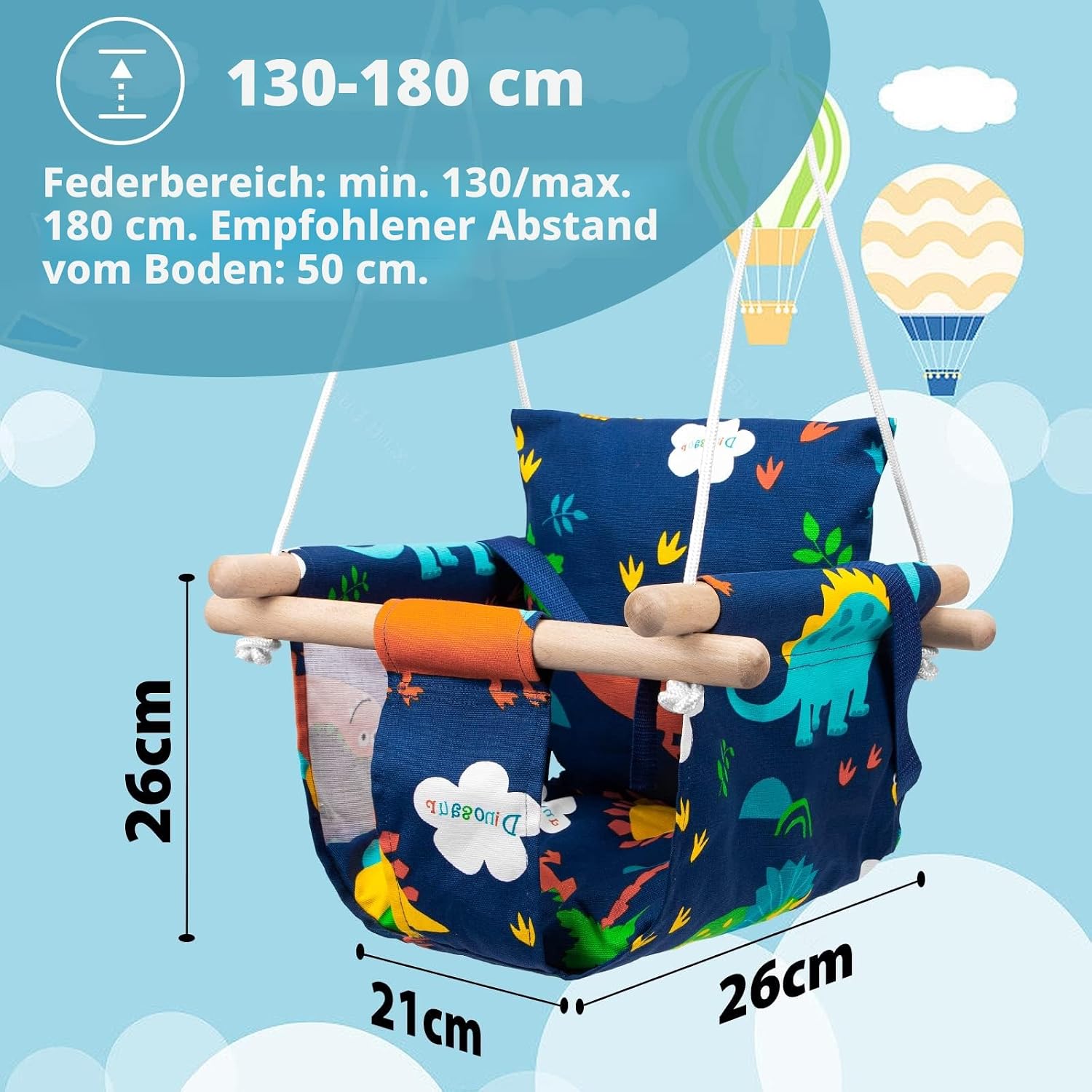 Detalle de Katomi Schaukel für Baby und Kinder mit Sicherheitsgurt – verstellbare Länge, Edelstahl-Karabiner, Dinosaurier-Design