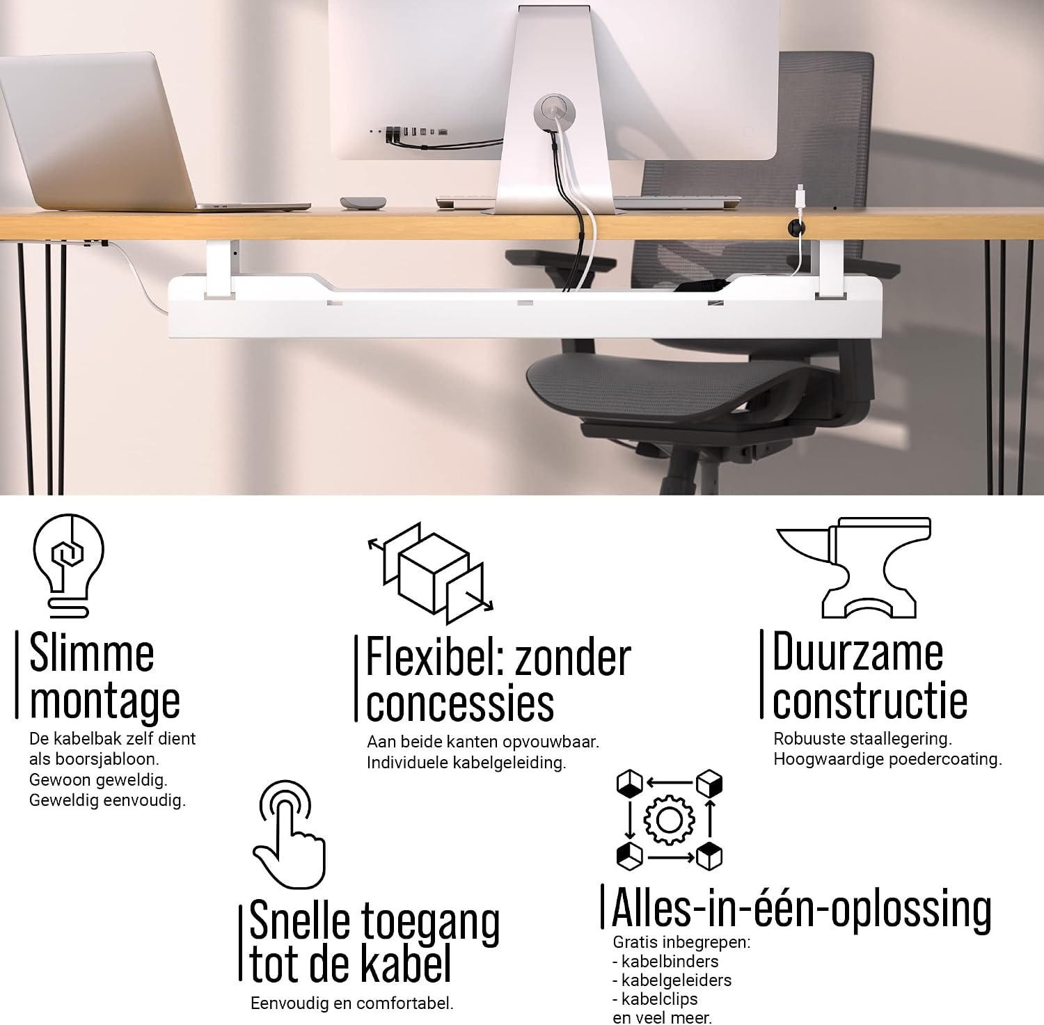 Detalle 1 de Ultimate Setup kabelgoot voor bureau, openklapbaar, wit, draagvermogen tot 15 kg