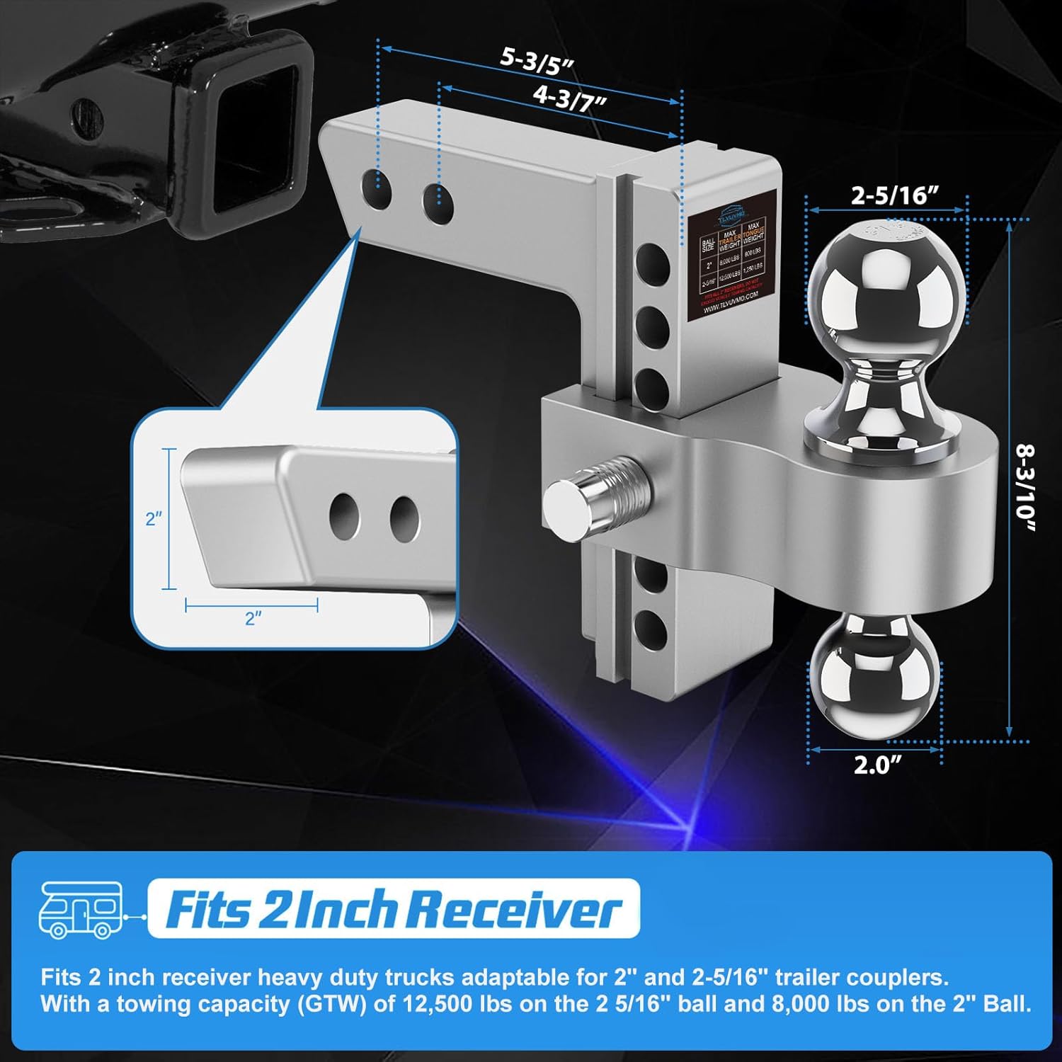 Thumbnail 1 de Tlvuvmo Adjustable Trailer Hitch 6-Inch Drop Hitch Ball Mount (2-Inch Receiver, Dual-Ball 12,500 LBS GTW)