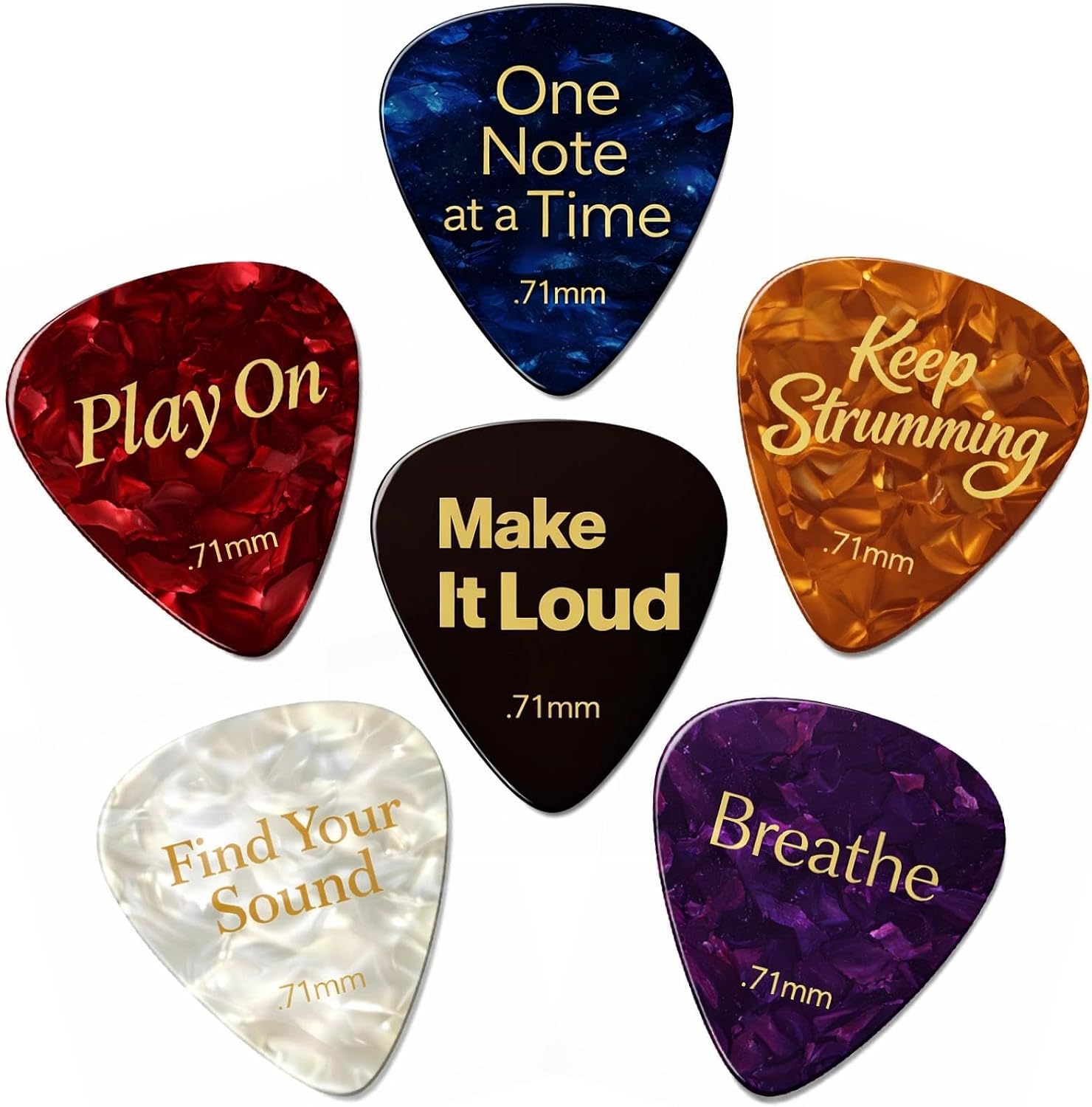 Celluloid Guitar Picks Medium .71mm – 6 Mood Plectrums with Inspirational Messages
