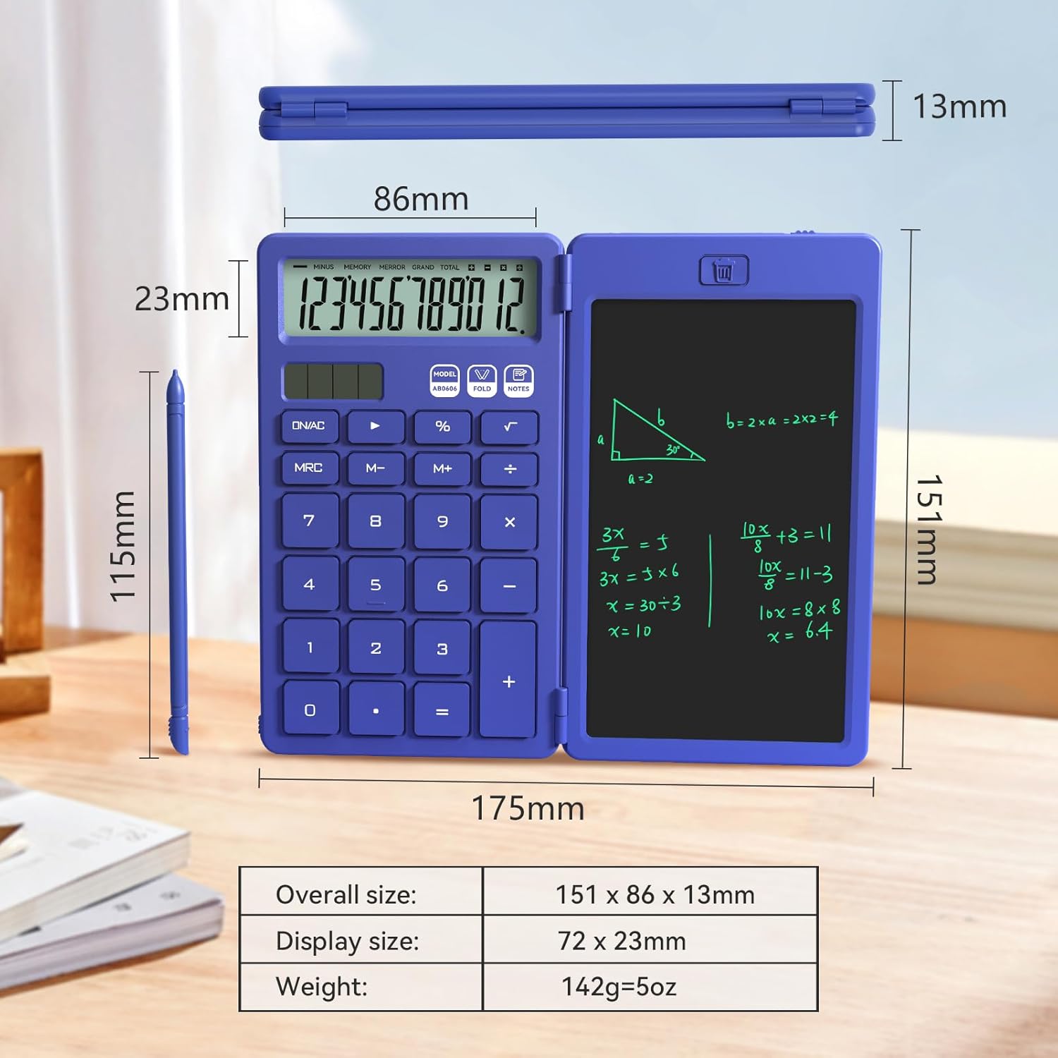 Detalle de ROATEE Foldable 2-in-1 Basic Calculator with Erasable LCD Tablet (Blue)