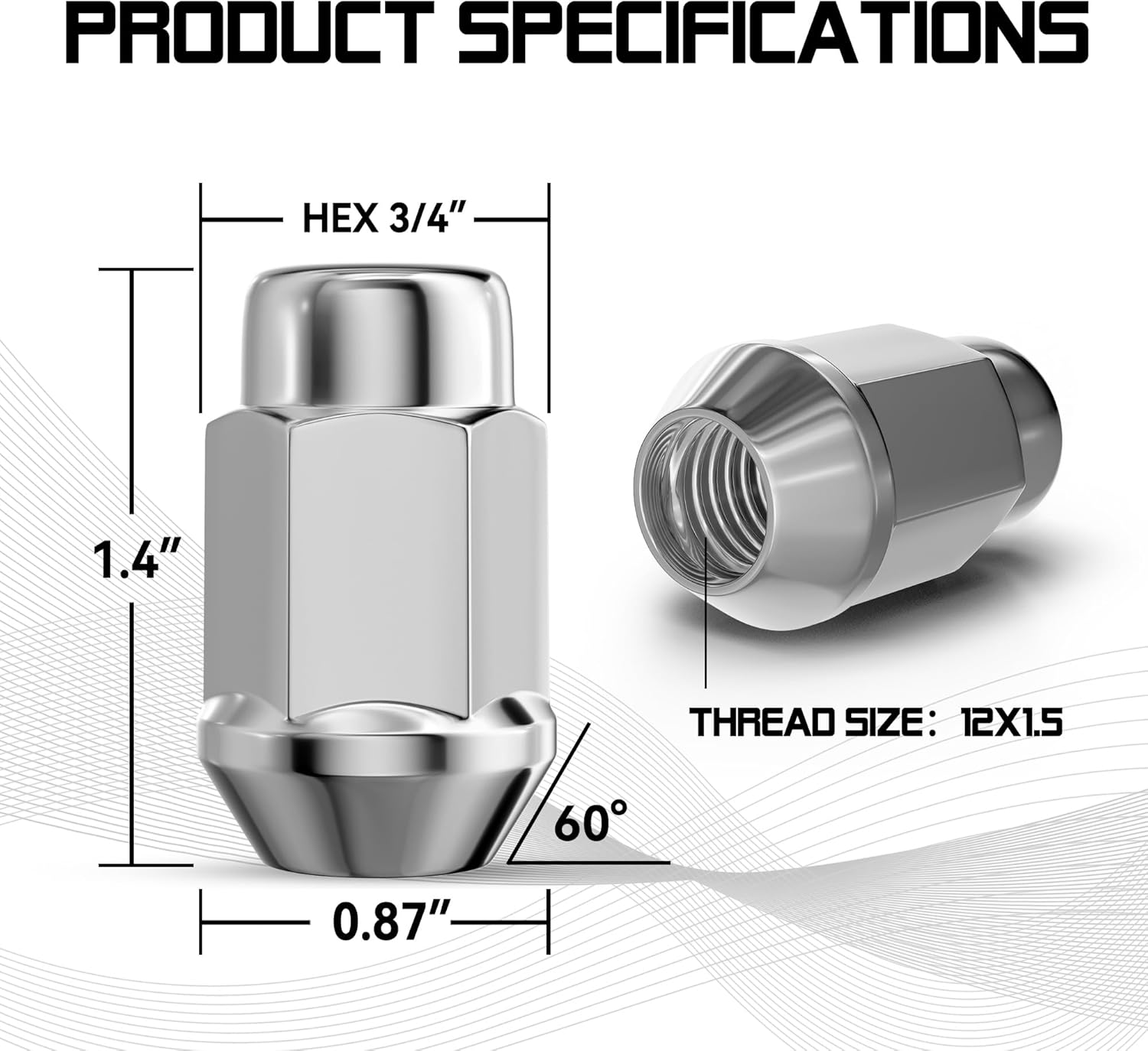 Thumbnail 4 de 12x1.5 Wheel Lug Nuts (20-Pack) Chrome Closed-End Bulge Acorn, 60° Cone Seat, 19mm Hex