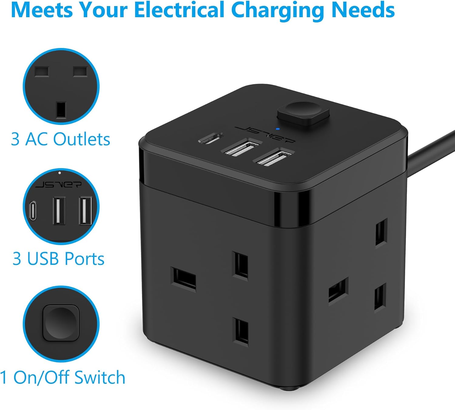 Detalle 2 de JSVER Cube Extension Lead with 3 USB Ports (5V/2.4A) and 3 AC Outlets, 200cm Cable – Black