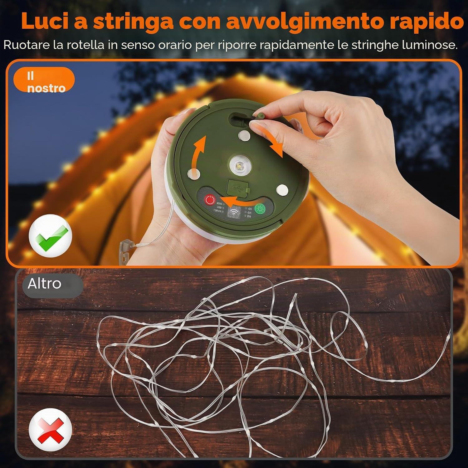 Thumbnail 4 de FOMYHEARD 10M Catena luminosa da campeggio arrrotolabile 4 in 1 – 9 modalità, USB ricaricabile, impermeabile IP65