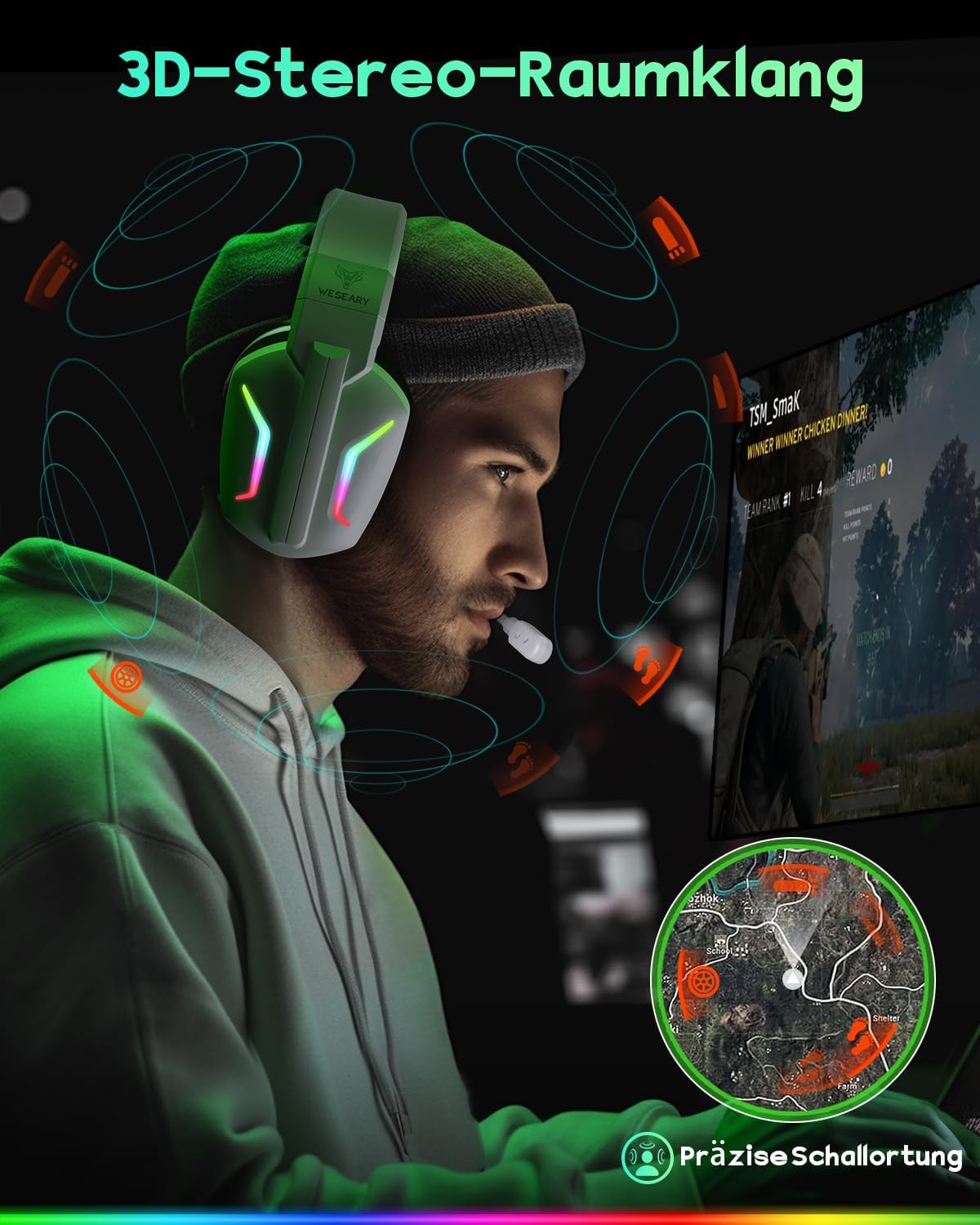 Thumbnail 1 de WESEARY Wireless Gaming Headset: 2,4 GHz & Bluetooth, ENC-Mikrofon, 60 h Akku, RGB, kompatibel mit PS5/PS4/PC/Switch