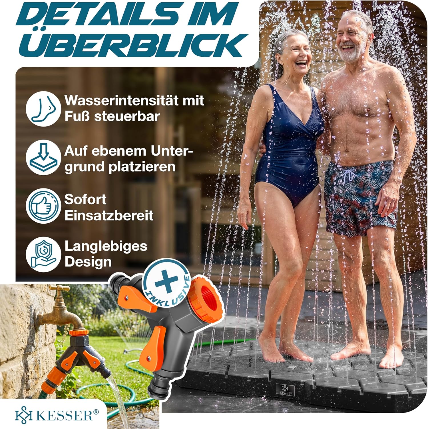 Detalle de KESSER Bodendusche Geo Gartendusche – robuste, rutschfeste Dusche für Groß & Klein im Außenbereich
