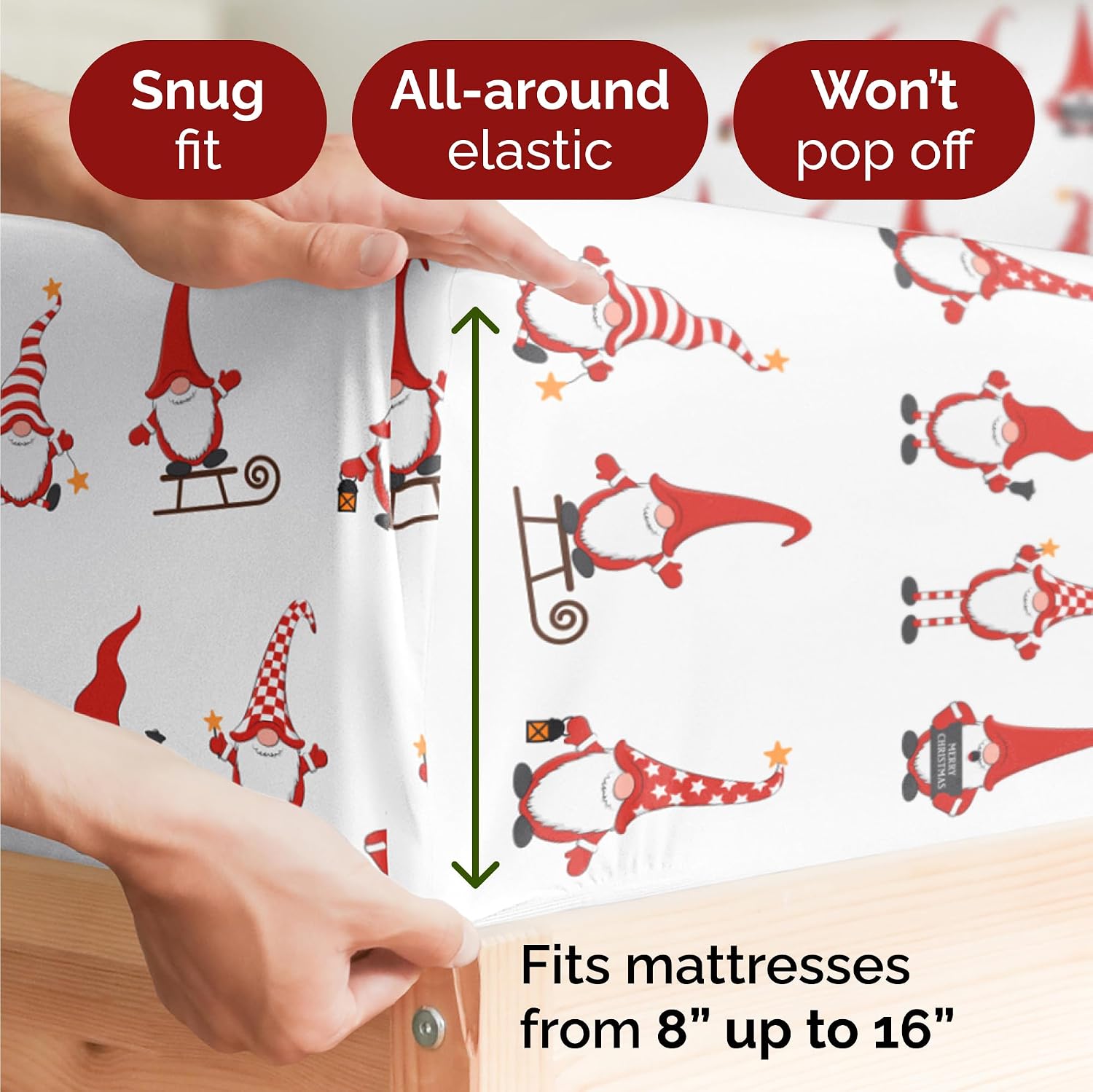 Detalle 2 de CGK Unlimited Holiday Gnomes Red Full Sheet Set, Brushed Microfibre