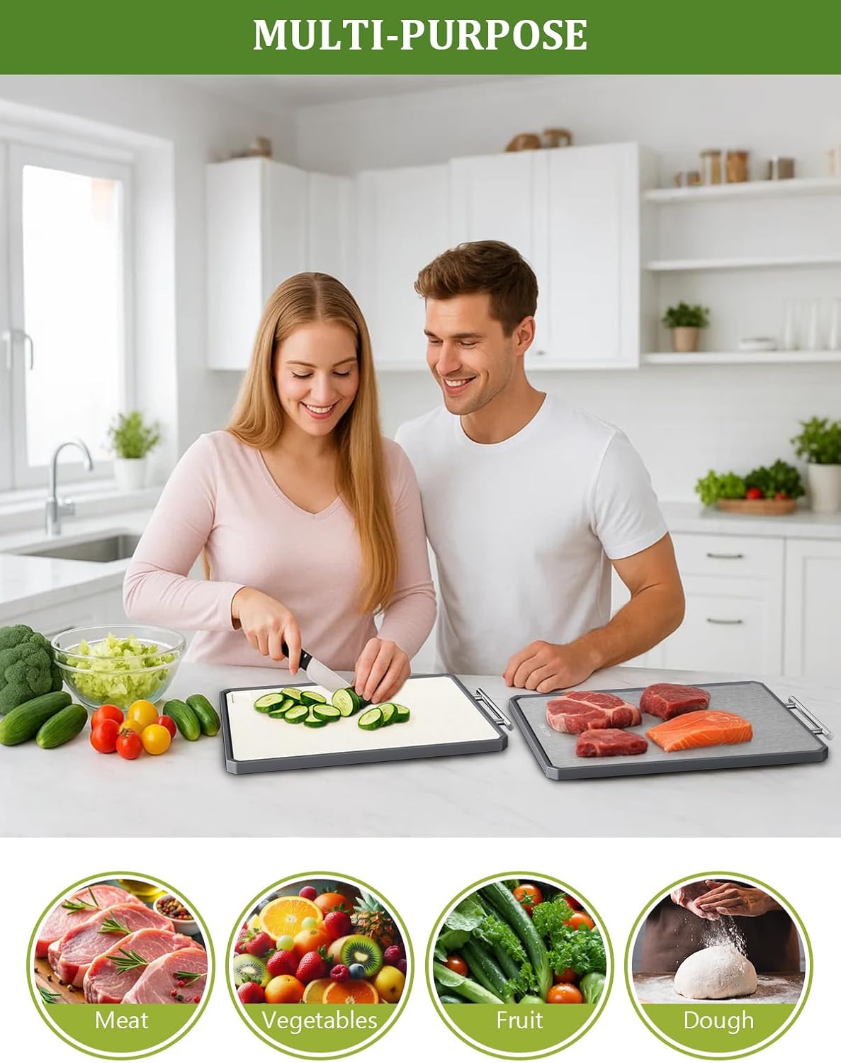 Detalle de Callsky large titanium chopping board (41.5 x 28cm) – double-sided metal cutting board with wheat straw surface