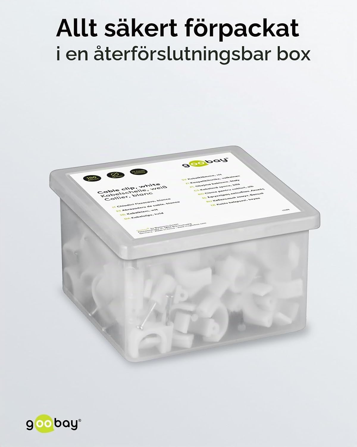 Detalle de Goobay 17085 kabelklämmor, vita, 100-pack för kablar upp till 16 mm