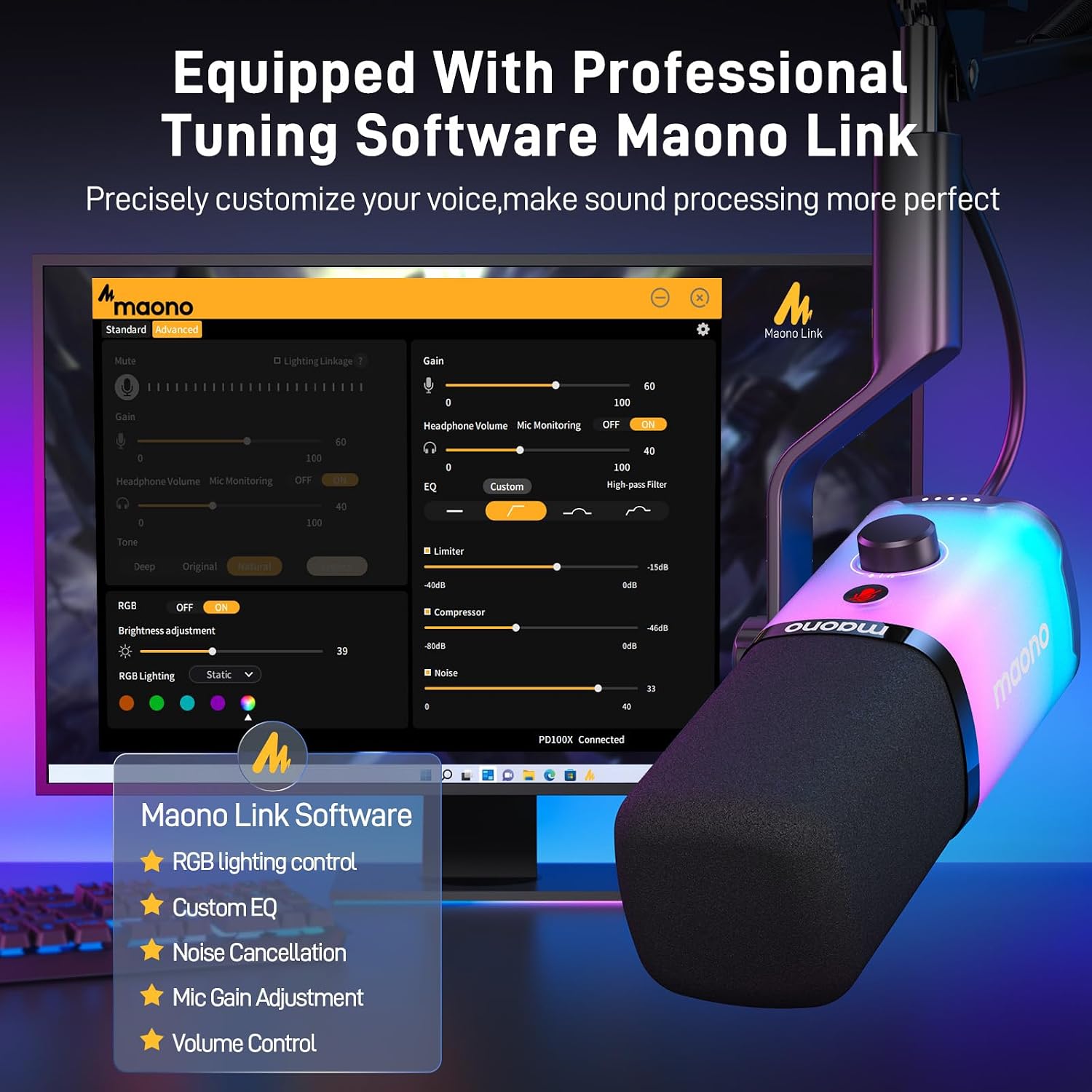 Detalle de MAONO PD100X RGB Dynamic USB/XLR Microphone with Noise Reduction and RGB