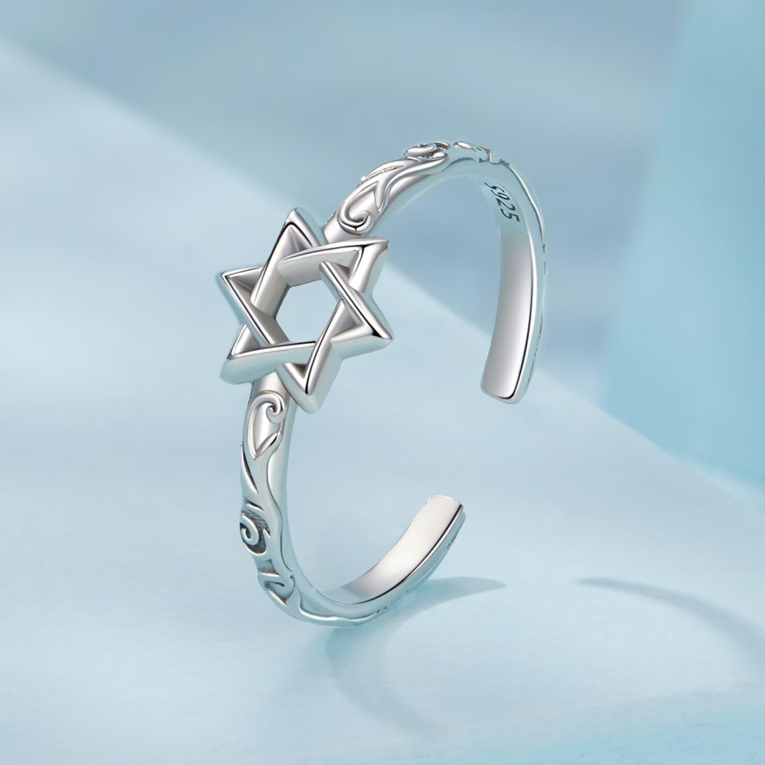 Detalle 1 de Kerraom Davidstern Ring aus 925 Sterling Silber – Verstellbarer Damenring mit Hexagramm
