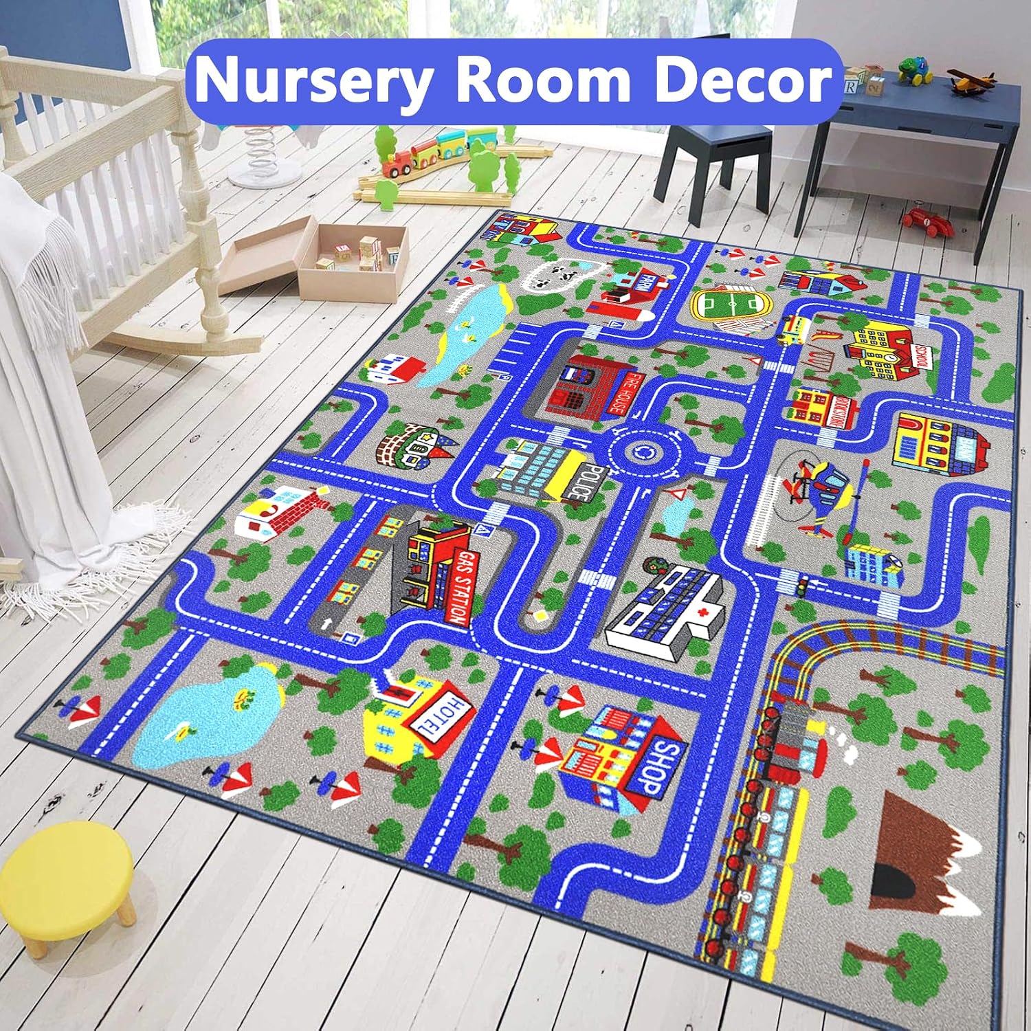 Detalle de Capslpad Kids Play Rug Town City Road Car Mat 150x200cm – Blue, Non-Slip & Machine Washable