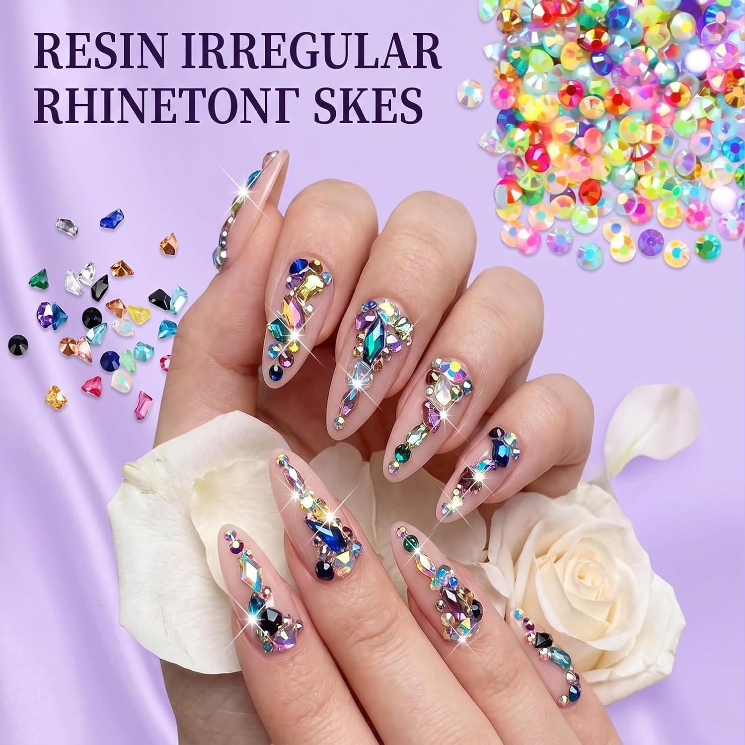 Detalle 2 de ZORVENIX Bedazzling nagelstrass-steentjes 3 mm, 40 kleuren met pincet en wasstift