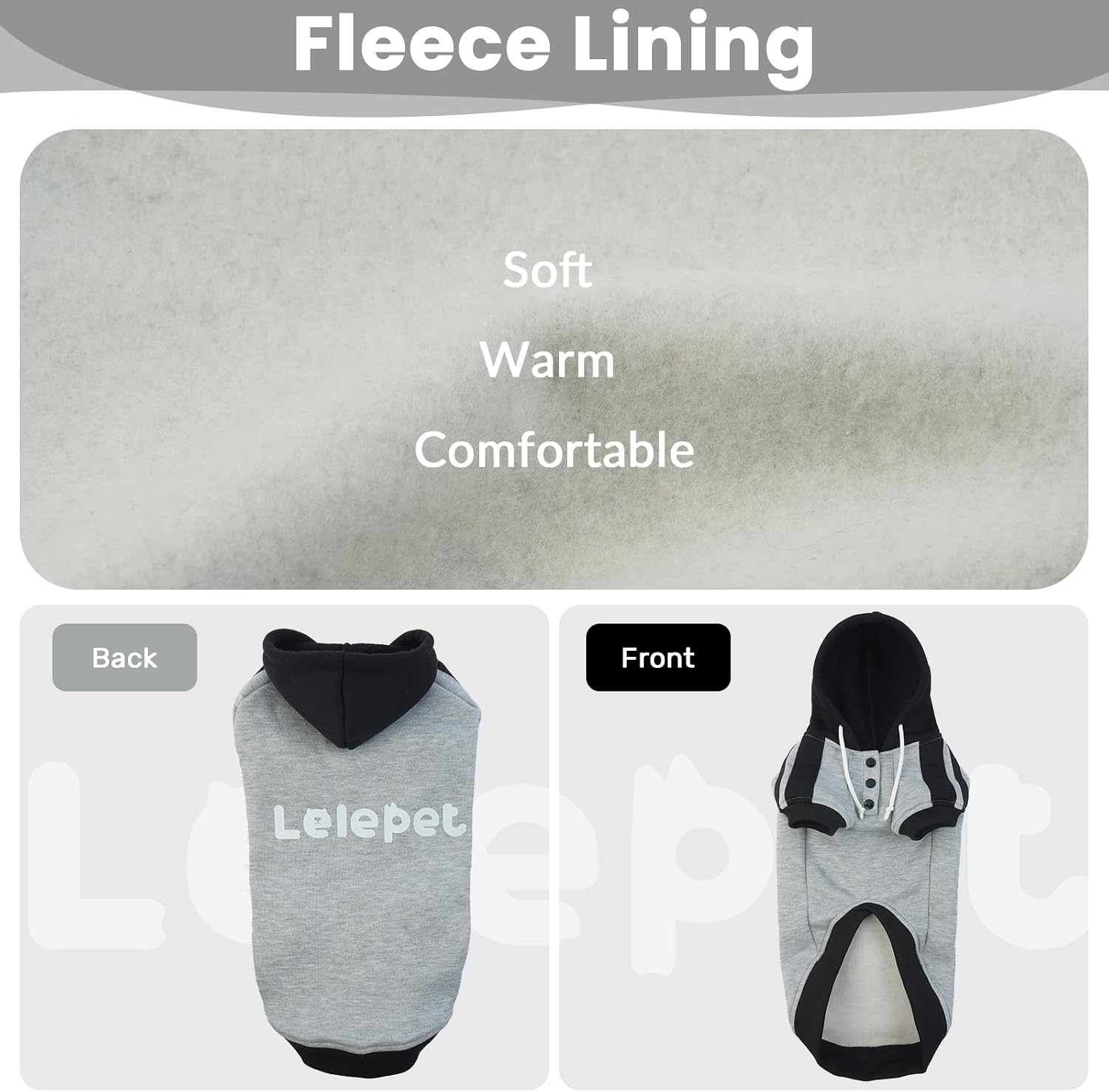 Detalle de LeLePet Dachshund Hoodie Grey L – warm cotton fleece dog sweatshirt with hoodie and lead hole