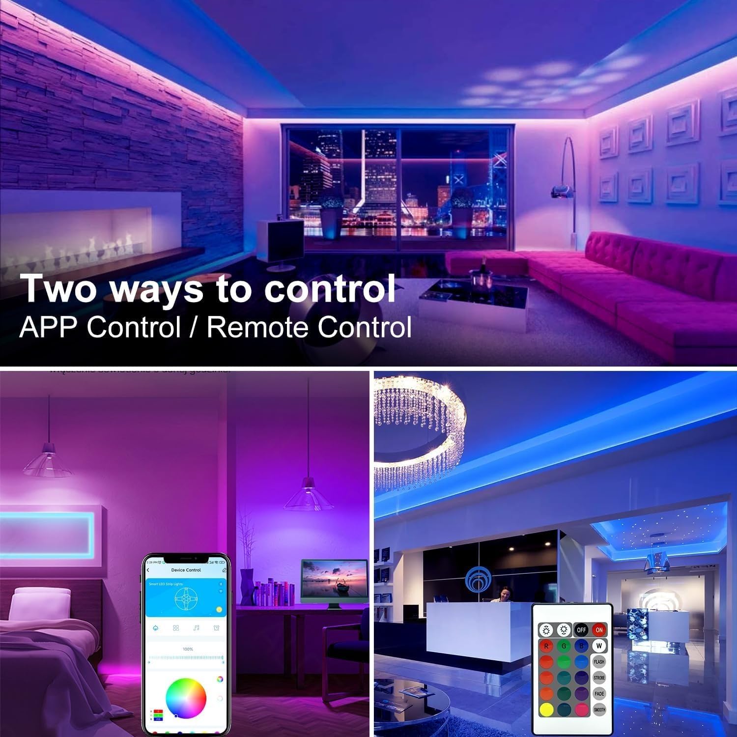 Thumbnail 3 de phopollo 30m LED Strip Light for Bedroom – Bluetooth App & Remote, Music Sync, RGB, Self-Adhesive