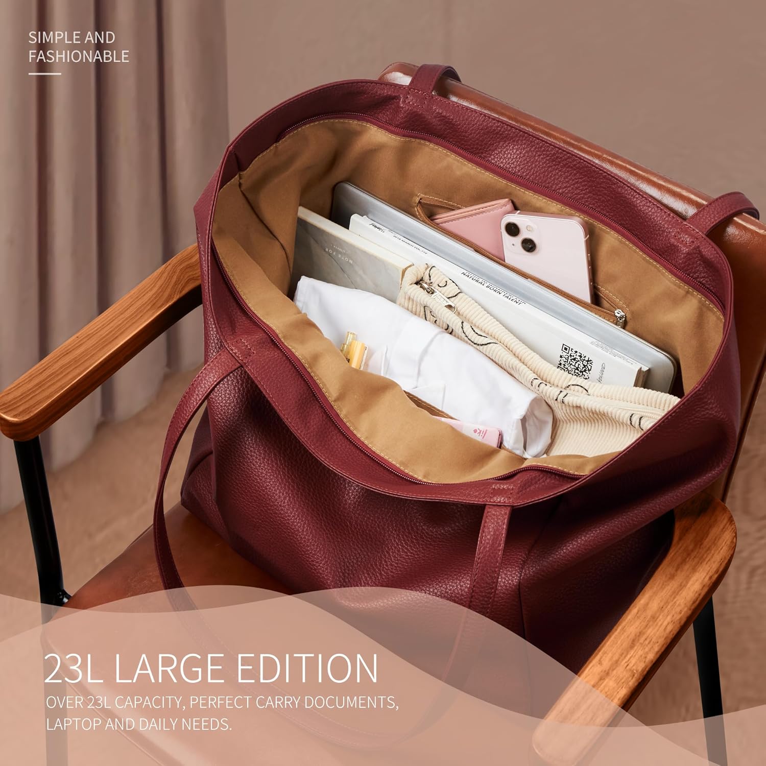 Detalle de KALIDI Handtasche Damen Shopper – Große Tote aus PU-Leder mit Reißverschluss