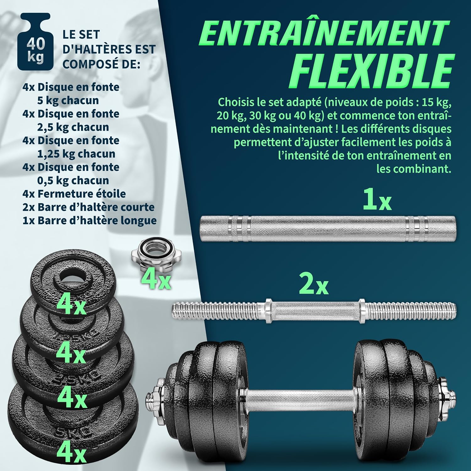 Thumbnail 4 de RE:SPORT Kit d'haltères 2‑en‑1 15‑40 kg 🏋